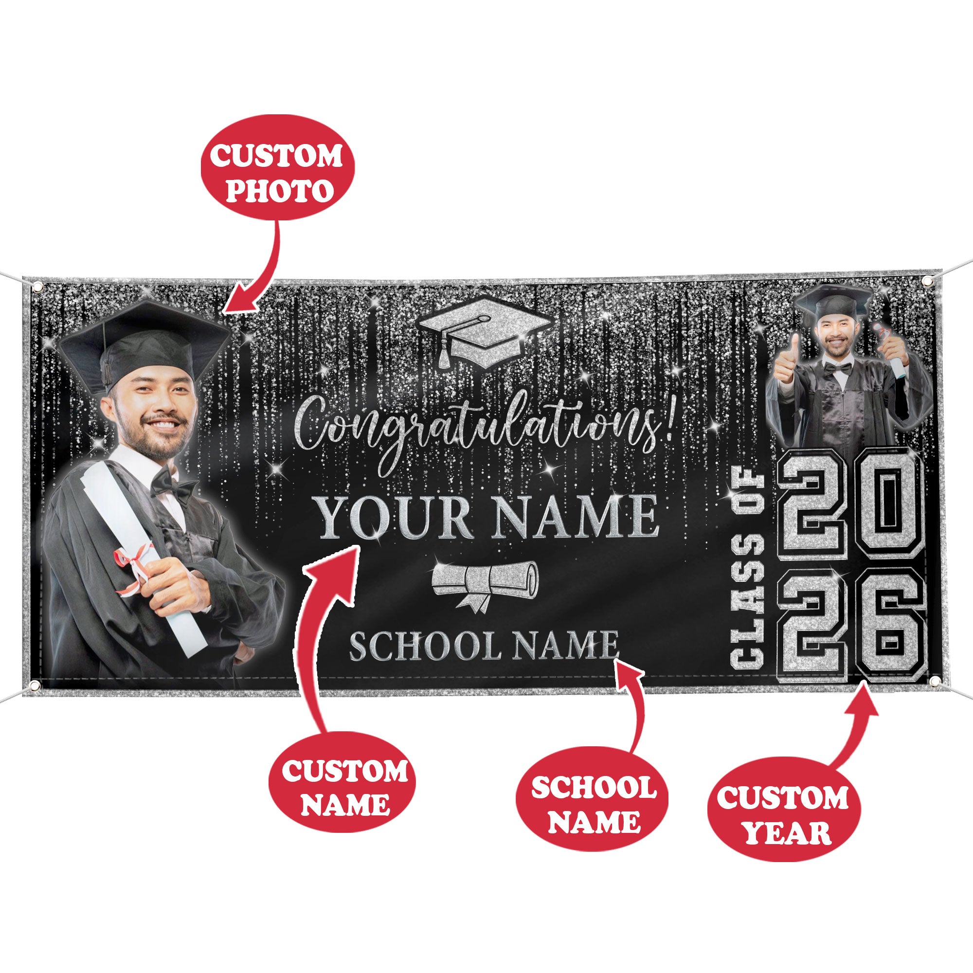 Custom Graduation Banner 2026 Photo Glitter Silver Curtain Pattern Congrats Grad Backdrop Personalized