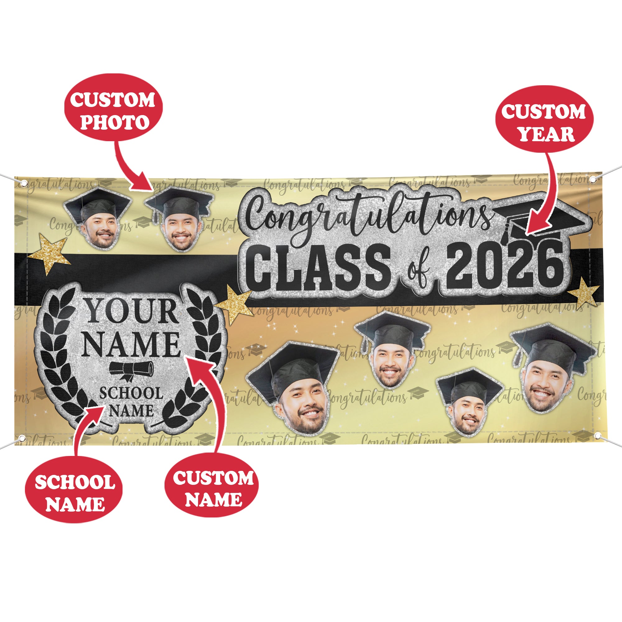 Custom Graduation Banner 2026 Photo Black Gold Glitter Pattern Congrats Grad Backdrop Personalized