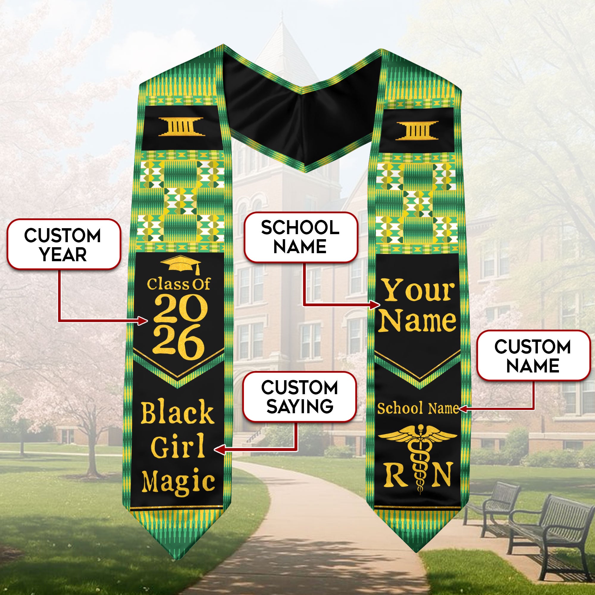 Customized African Heritage Nursing Graduation Stole for RN Graduates, BSN Sash 2026