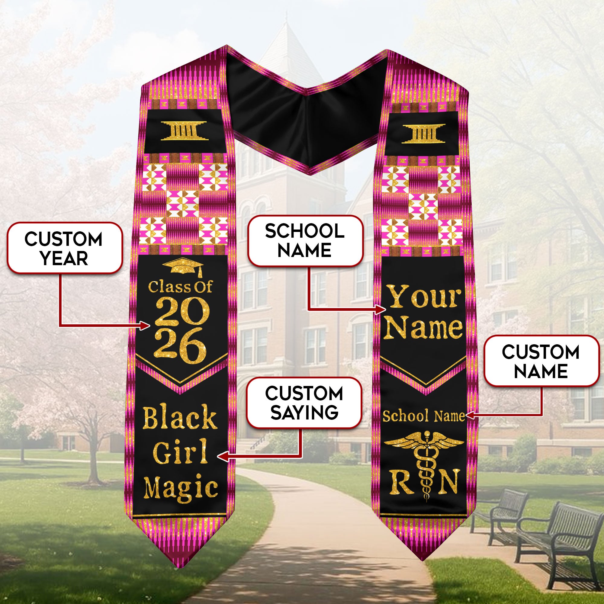 Customized RN Nursing Graduation Stole with African Cultural Design, Class of 2026
