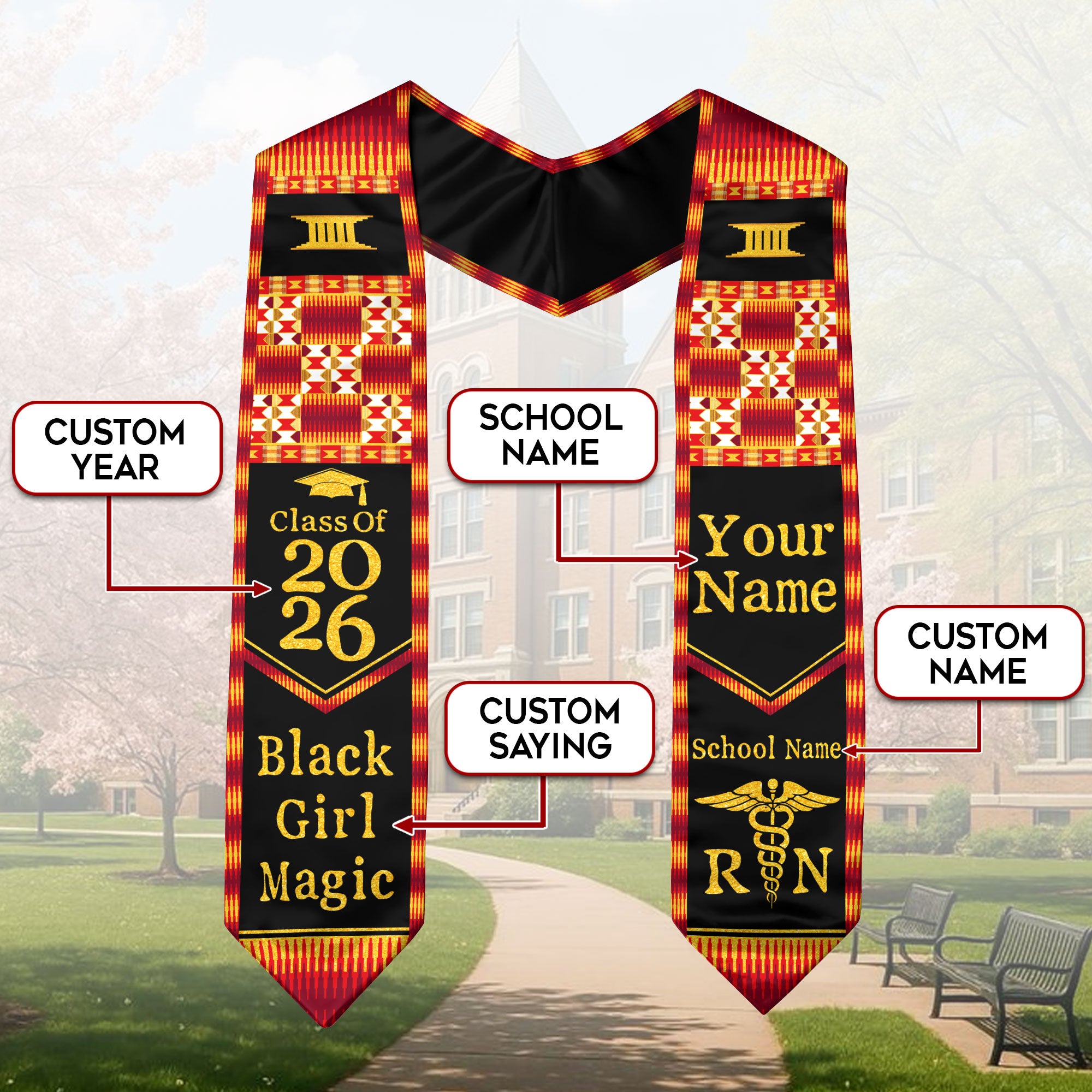 Customized African Inspired Nursing Graduation Stole for RN BSN Students, Sash 2026