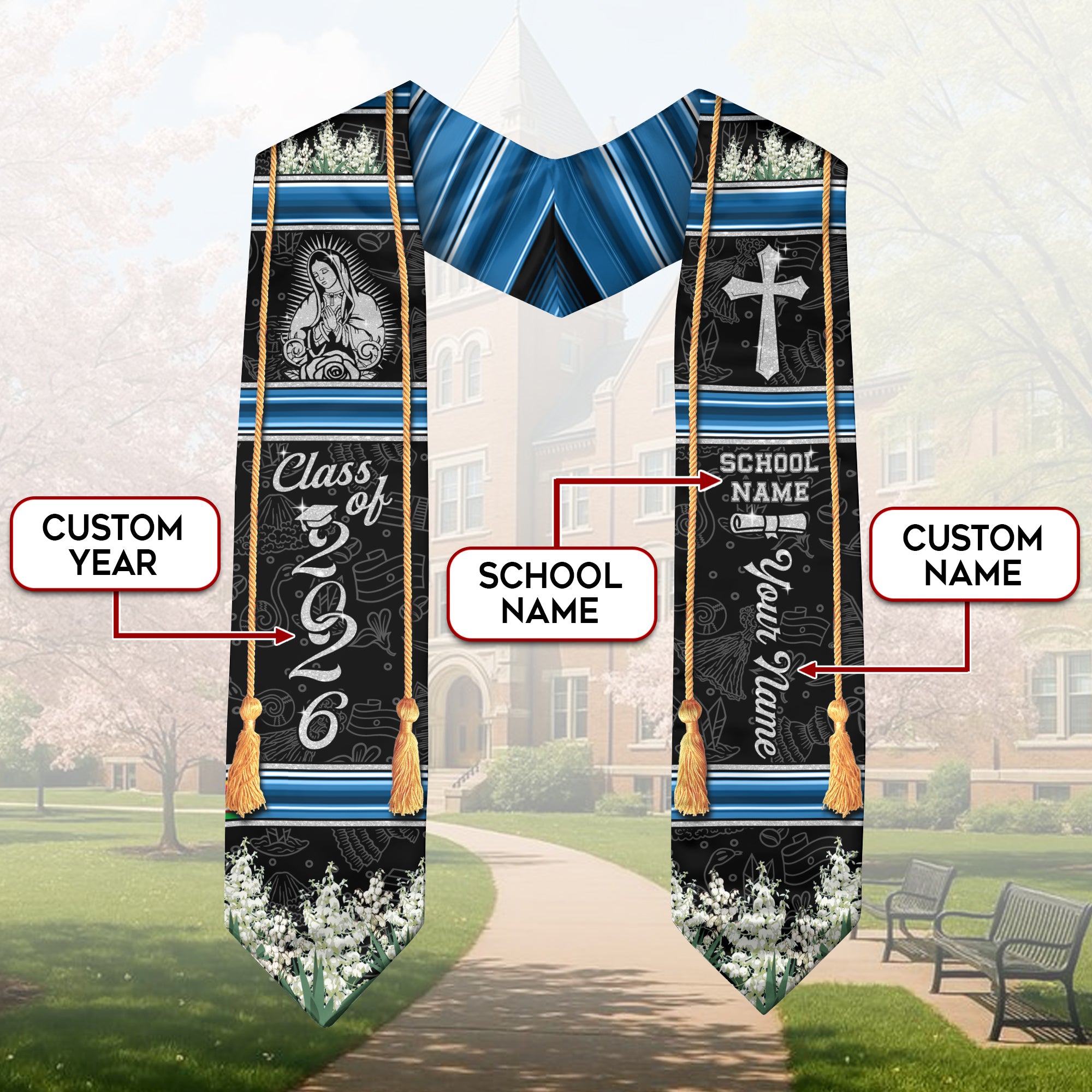 El Salvador Graduation Stole 2026, El Salvador Flag Sash, Custom Trim Option for Class of 2026
