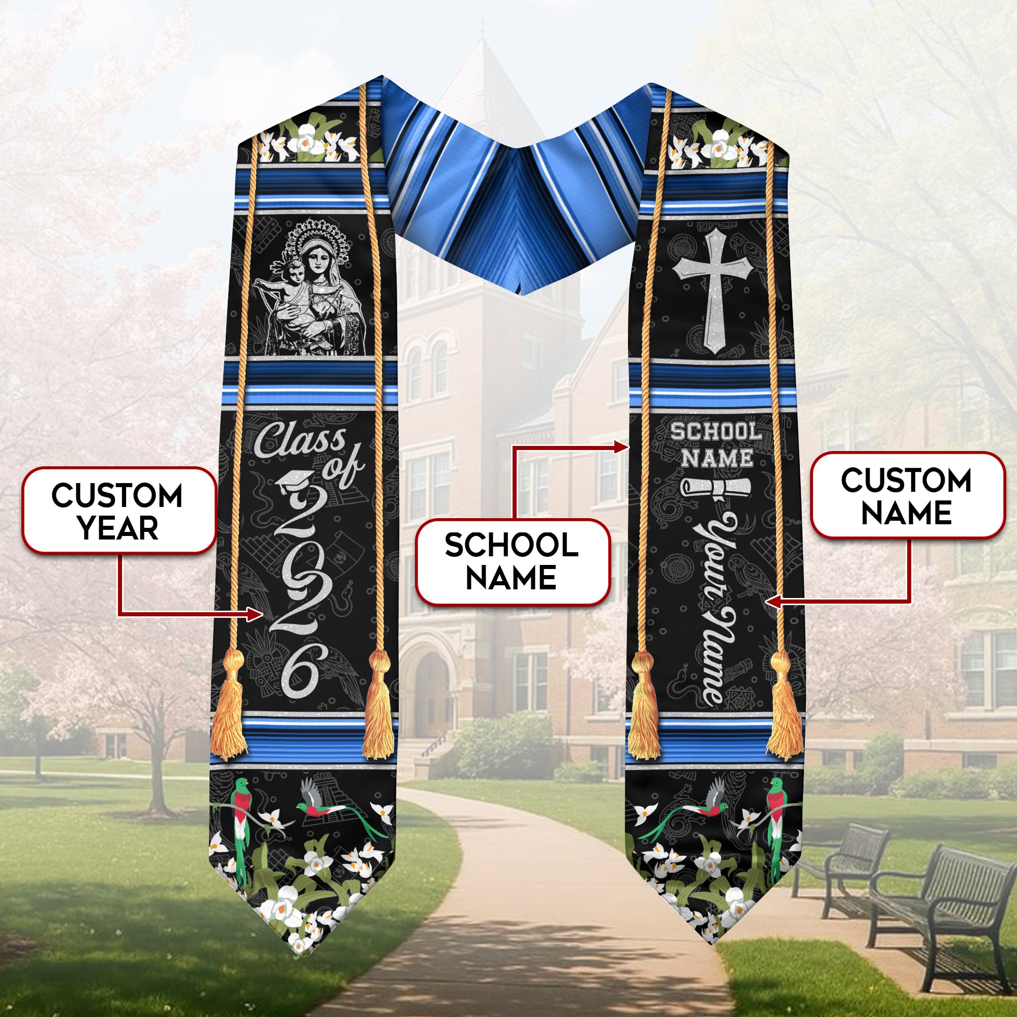 Guatemalan Flag Graduation Stole 2026, Guatemala Sash for Grads, Personalized Trim Option