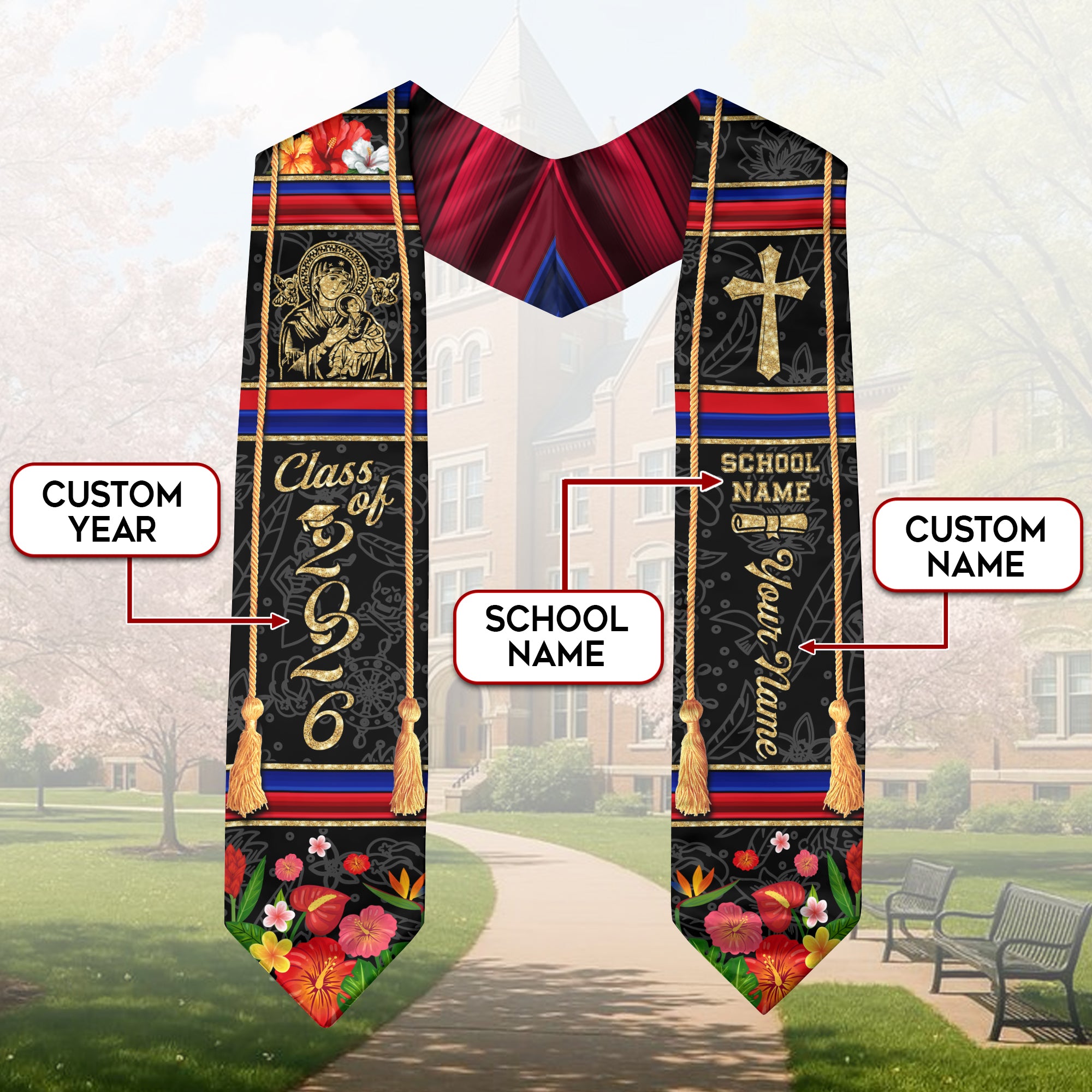 Haitian Graduation Stole 2026, Haiti Flag Sash Stole, Personalized Trim for Graduates