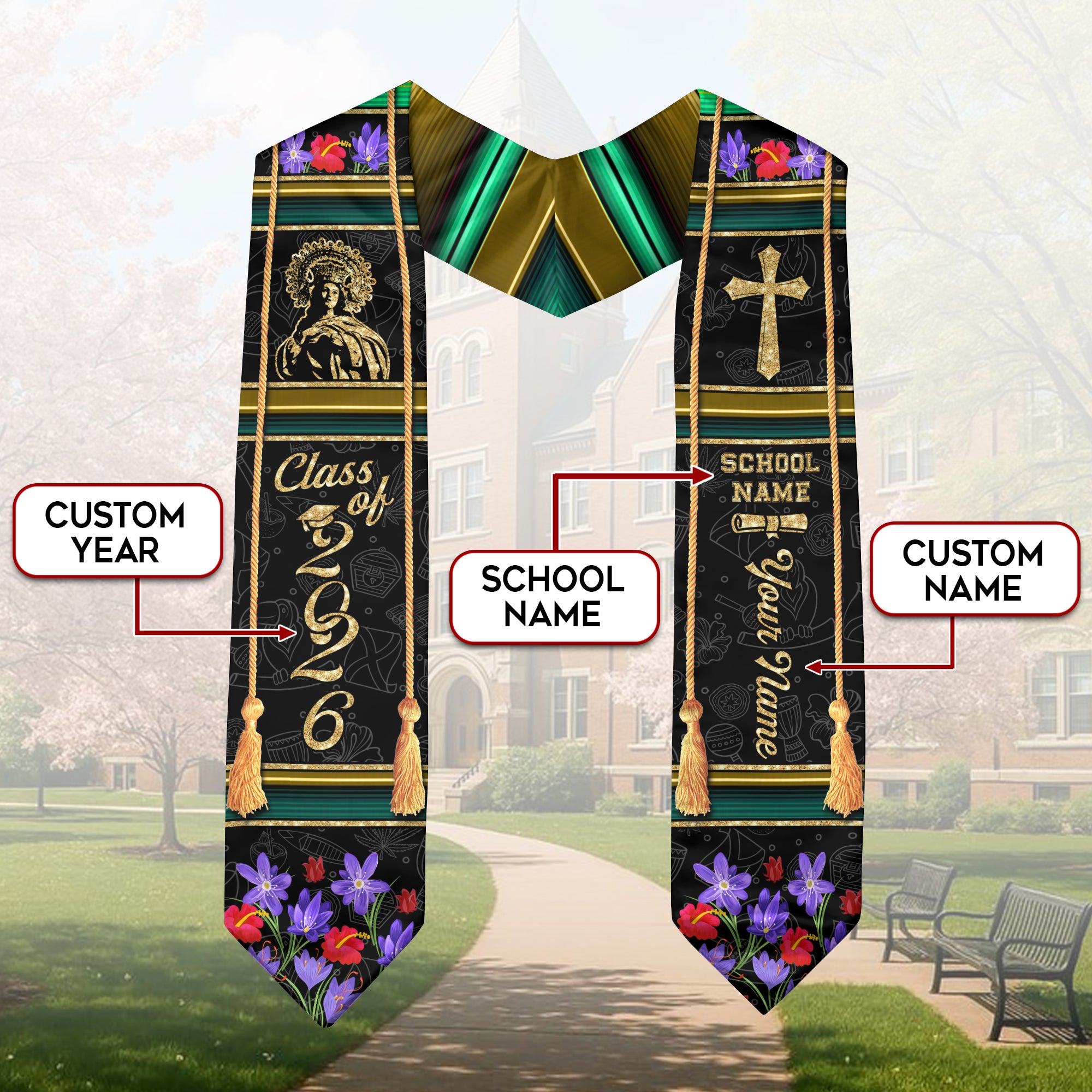 Jamaican Flag Graduation Stole 2026, Jamaica Sash for Grads, Personalized Trim Option