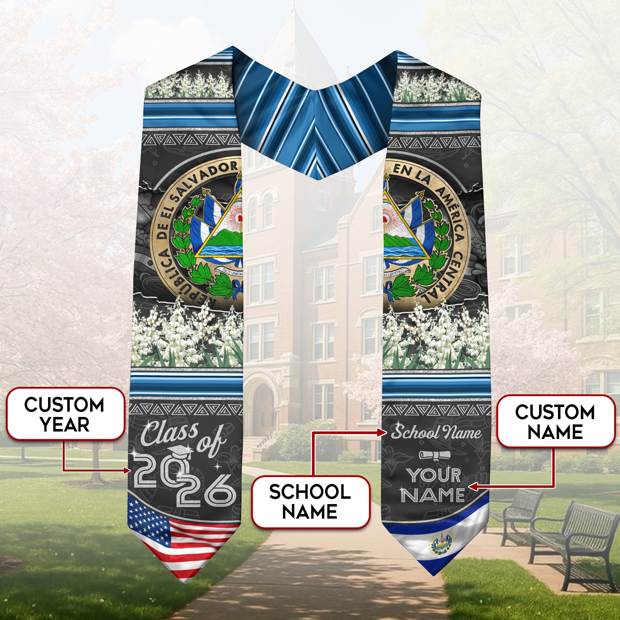 Salvadoran Flag Graduation Sash 2026, El Salvador Grad Stole, Custom Accent Detail
