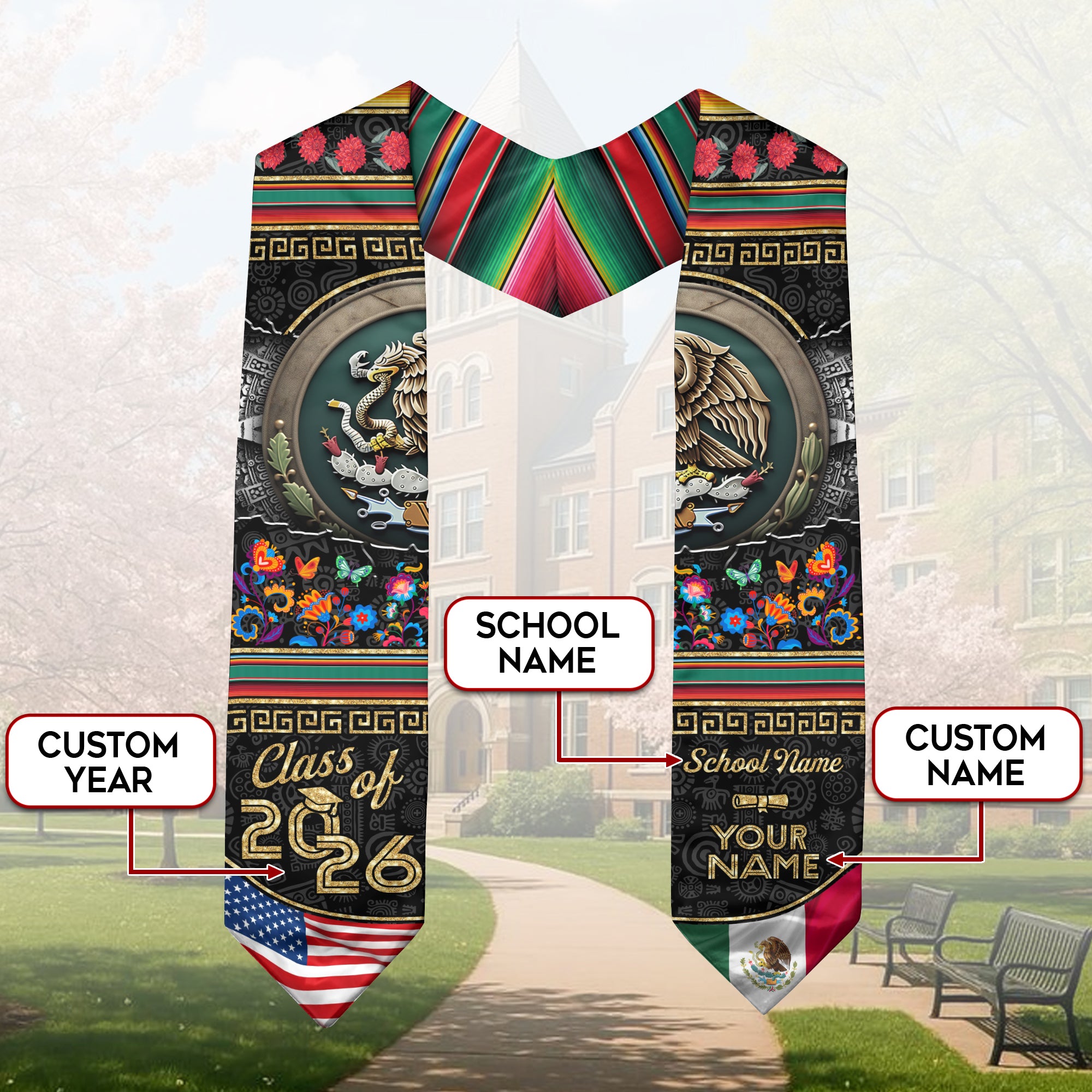 Mexico Graduation Stole 2026, Mexican Stole Sash, Mexican American Flag Custom Detail