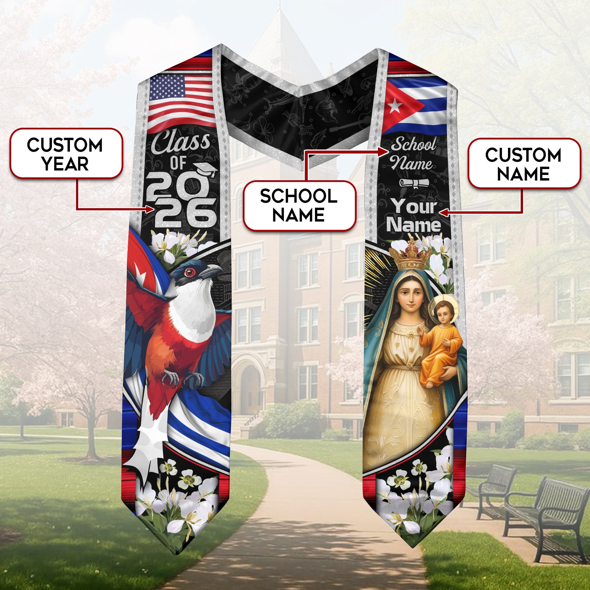 Cuban Flag Graduation Sash 2026, Cuba Stole, Signature Custom Finish for Graduates