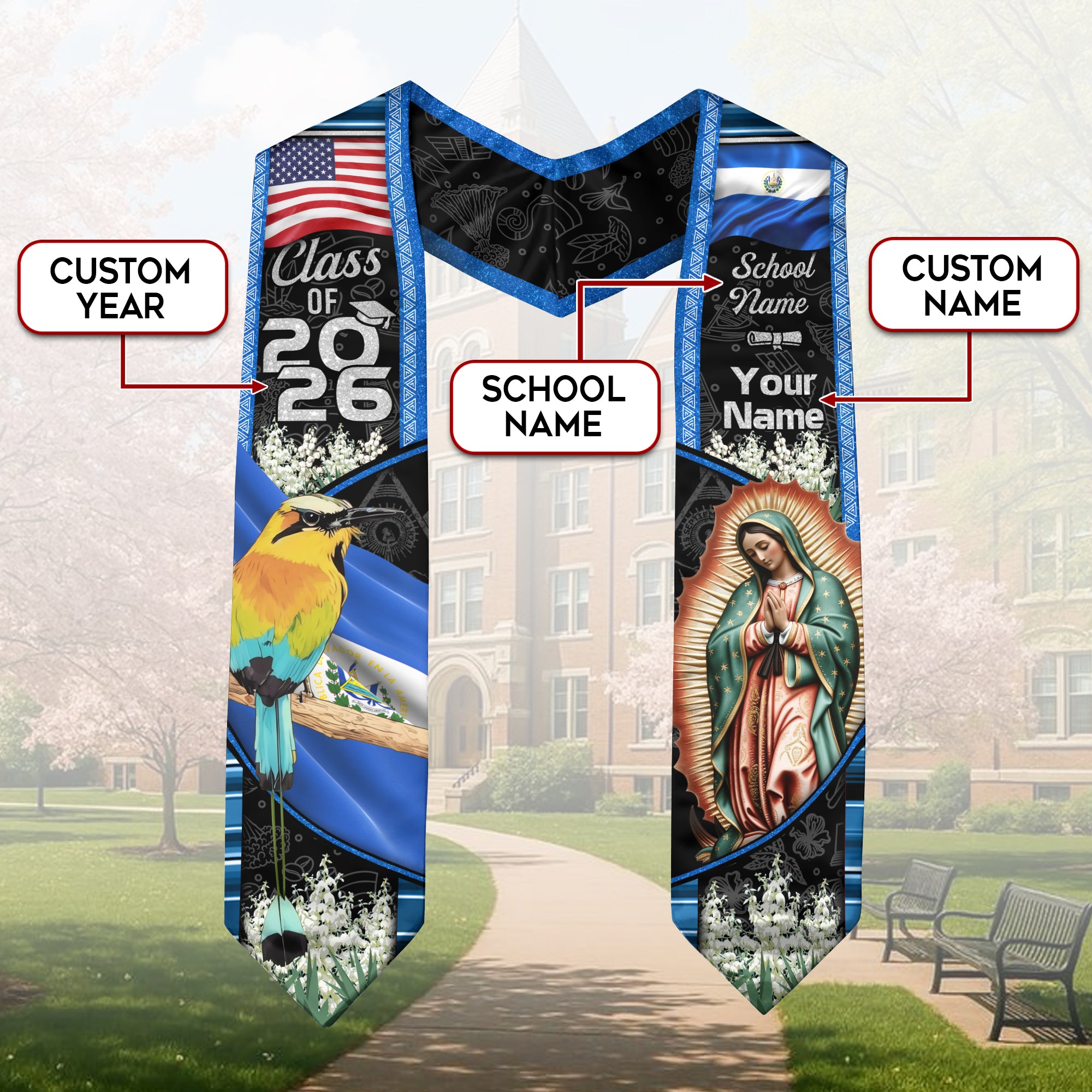 El Salvador Graduation Sash 2026, Salvadoran Flag Graduation Stole, Custom Finish Grads