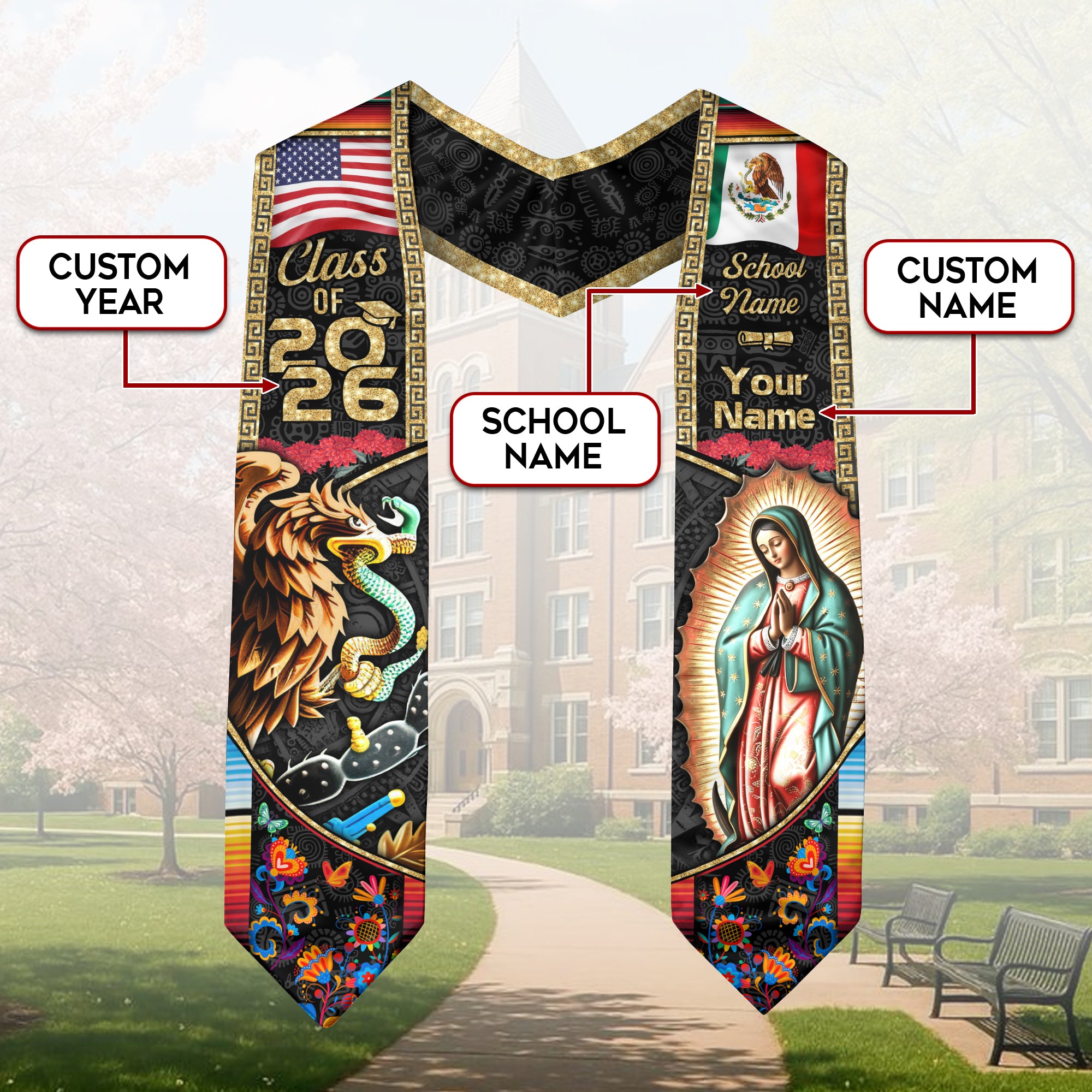 Mexican American Flag Graduation Sash 2026, Mexico Grad Stole, Mexican Stole Custom