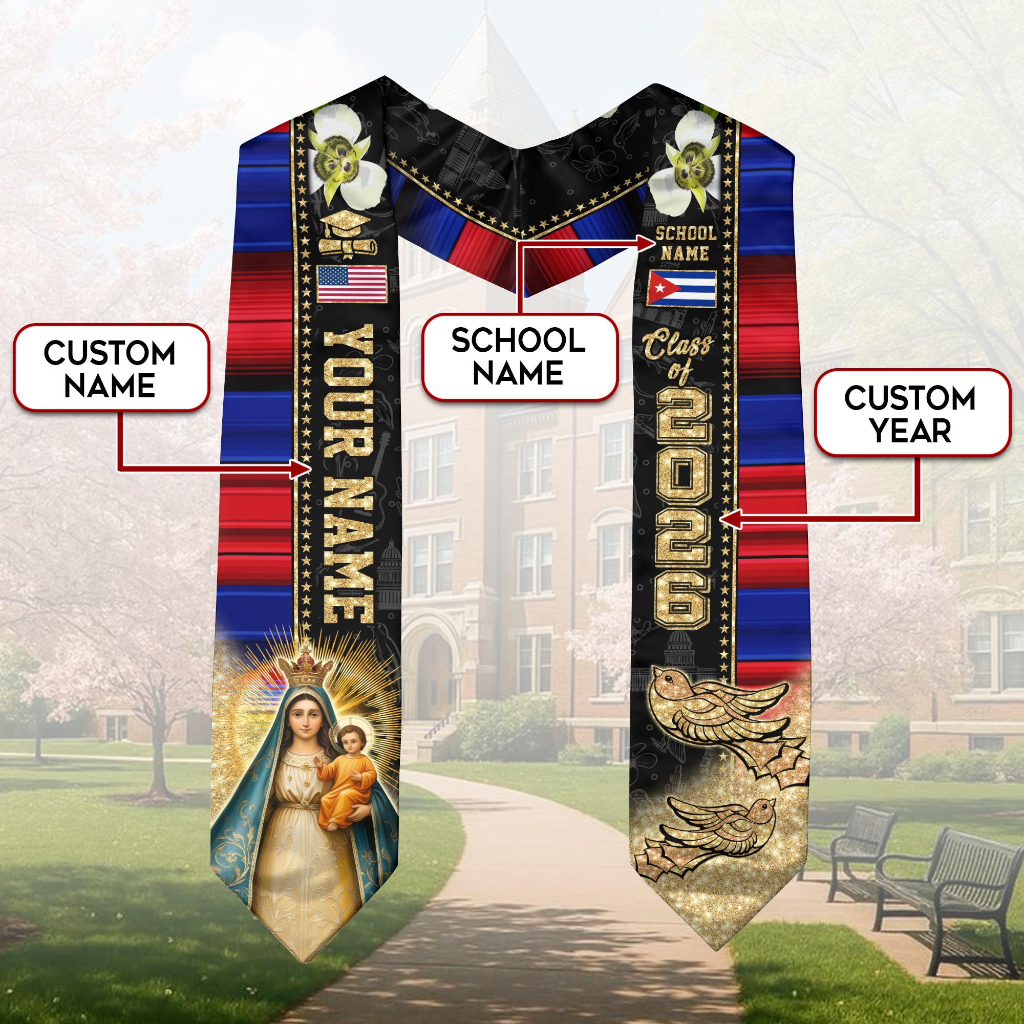 Class of 2026 Cuba Graduation Sash, Cuban Flag Stole, Custom-Ready Graduation Style