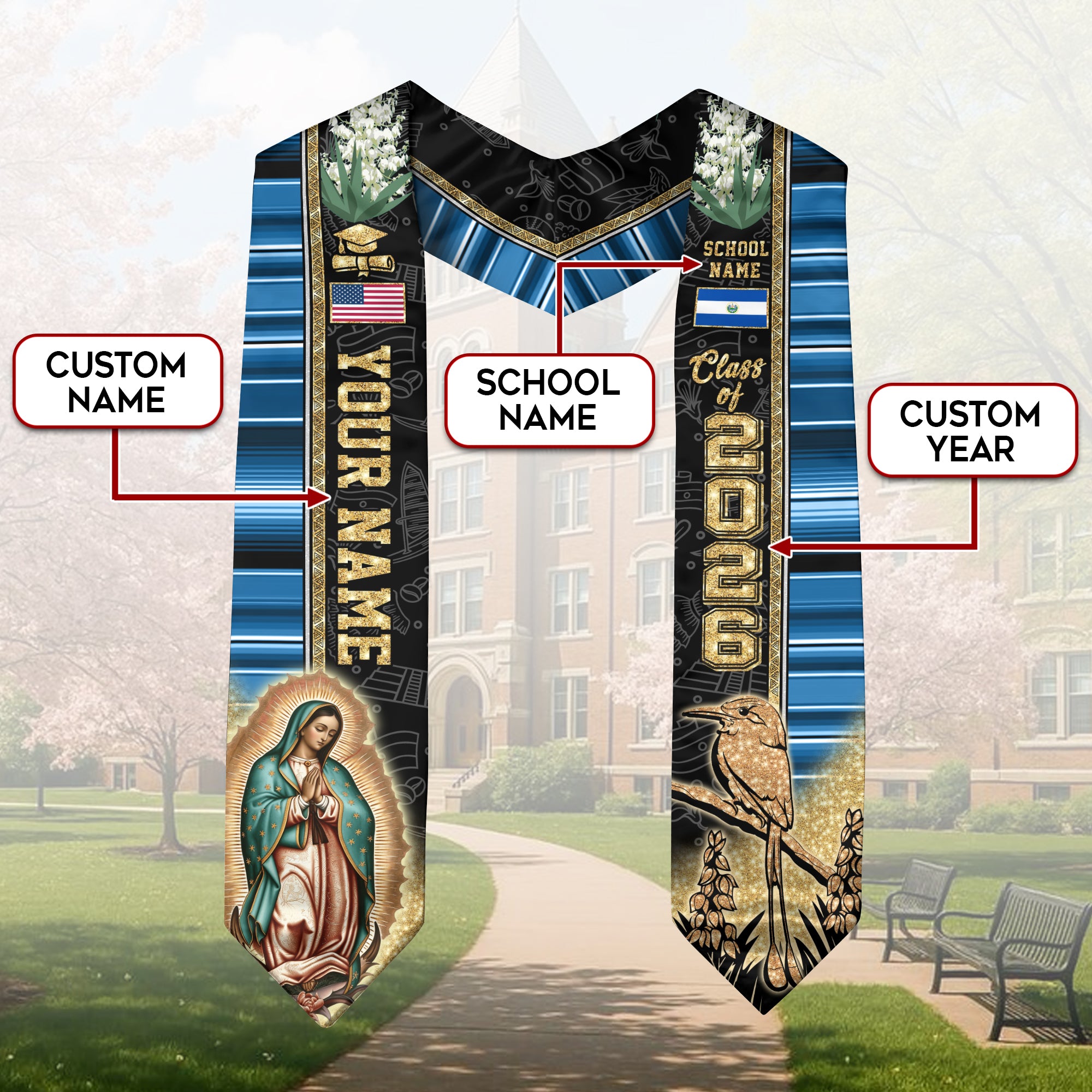 El Salvador Flag Graduation Stole 2026, Salvadoran Stole Sash, Custom Detail Choice 2026