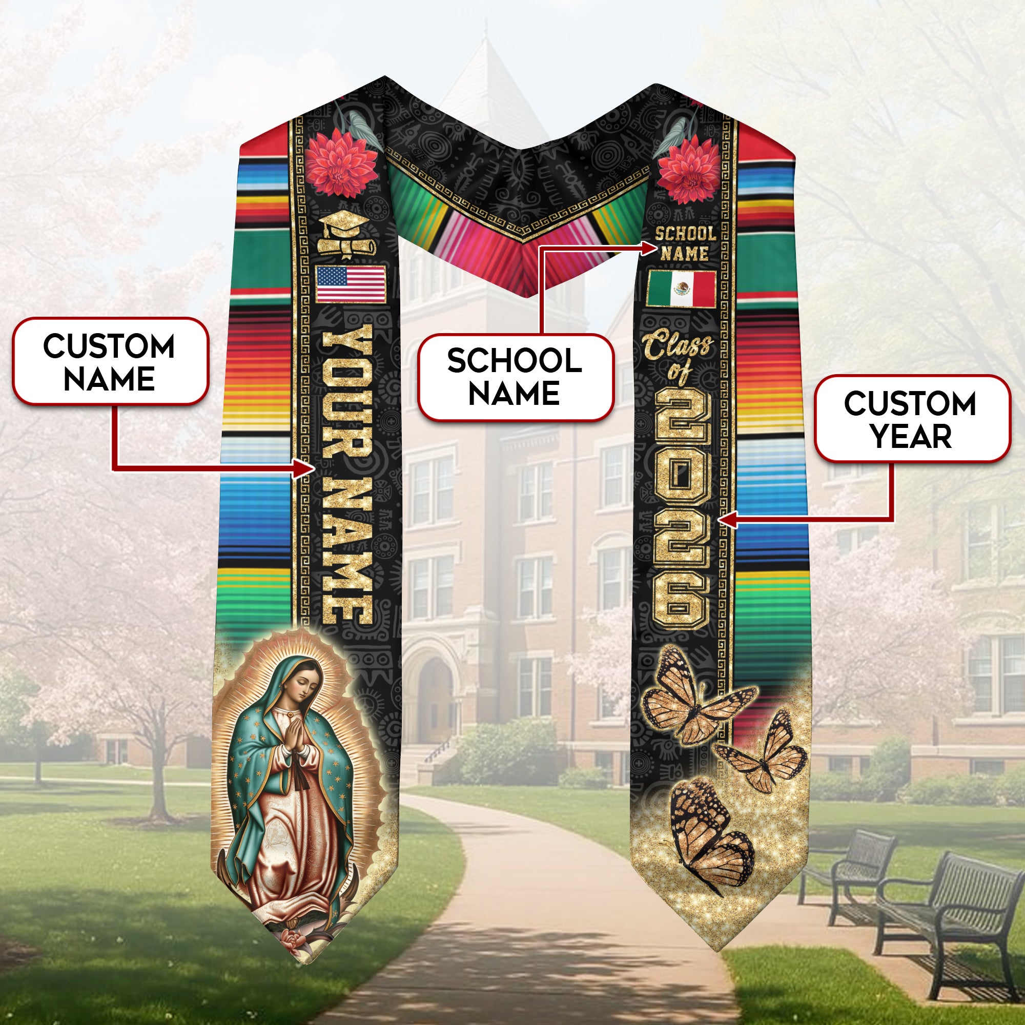 Class of 2026 Mexico Graduation Stole, Mexican Flag Sash, Mexican Stole Custom Accent