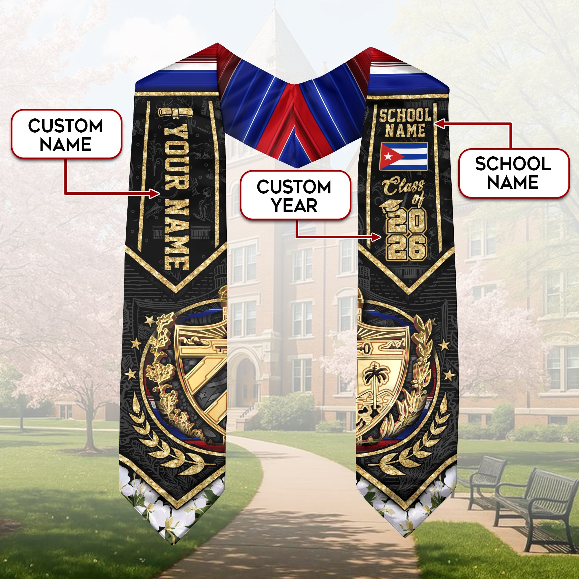 Cuba Flag Graduation Stole 2026, Cuban Grad Sash, Bespoke Touch for 2026 Graduates
