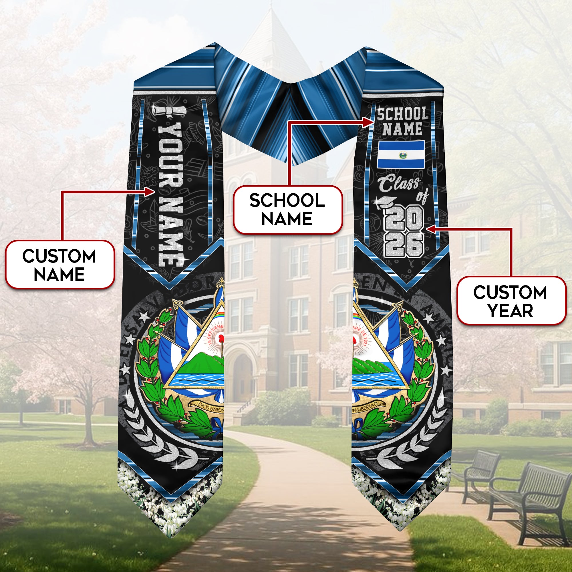 Salvadoran Graduation Stole 2026, El Salvador Flag Sash, Custom Accent for Graduates 2026