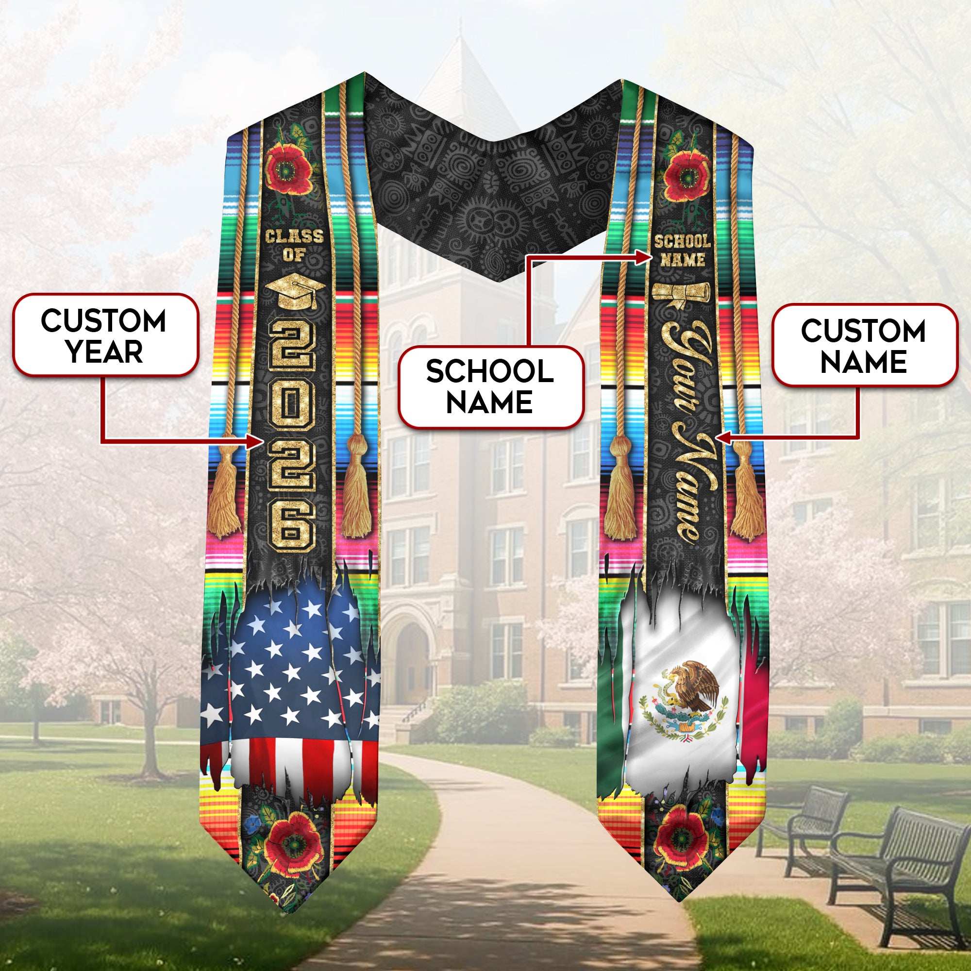 Mexico Grad Stole 2026, Mexican Graduation Sash, Mexican American Flag Custom Finish