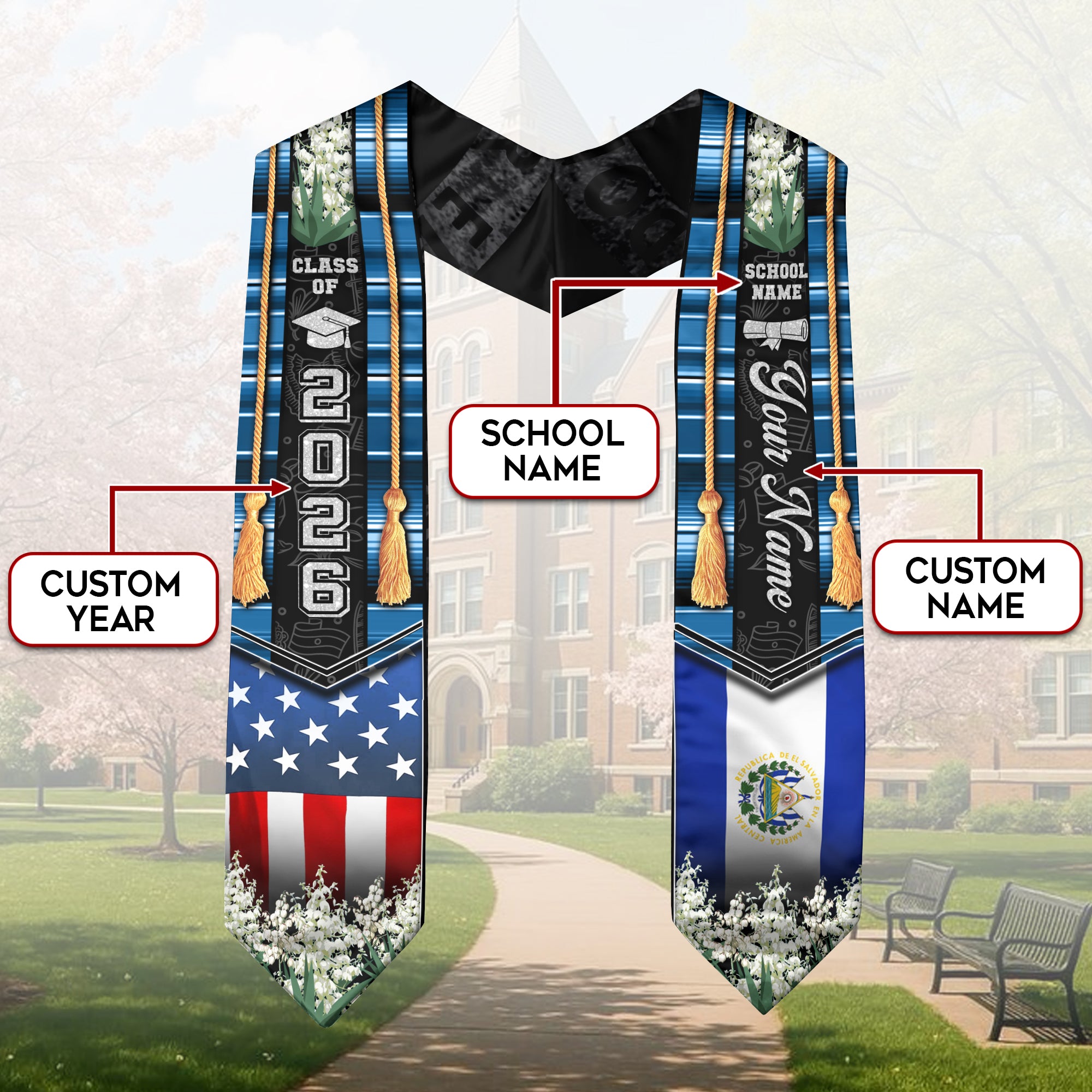 El Salvador Graduation Stole 2026, Salvadoran Flag Sash, Custom Detail for Graduates