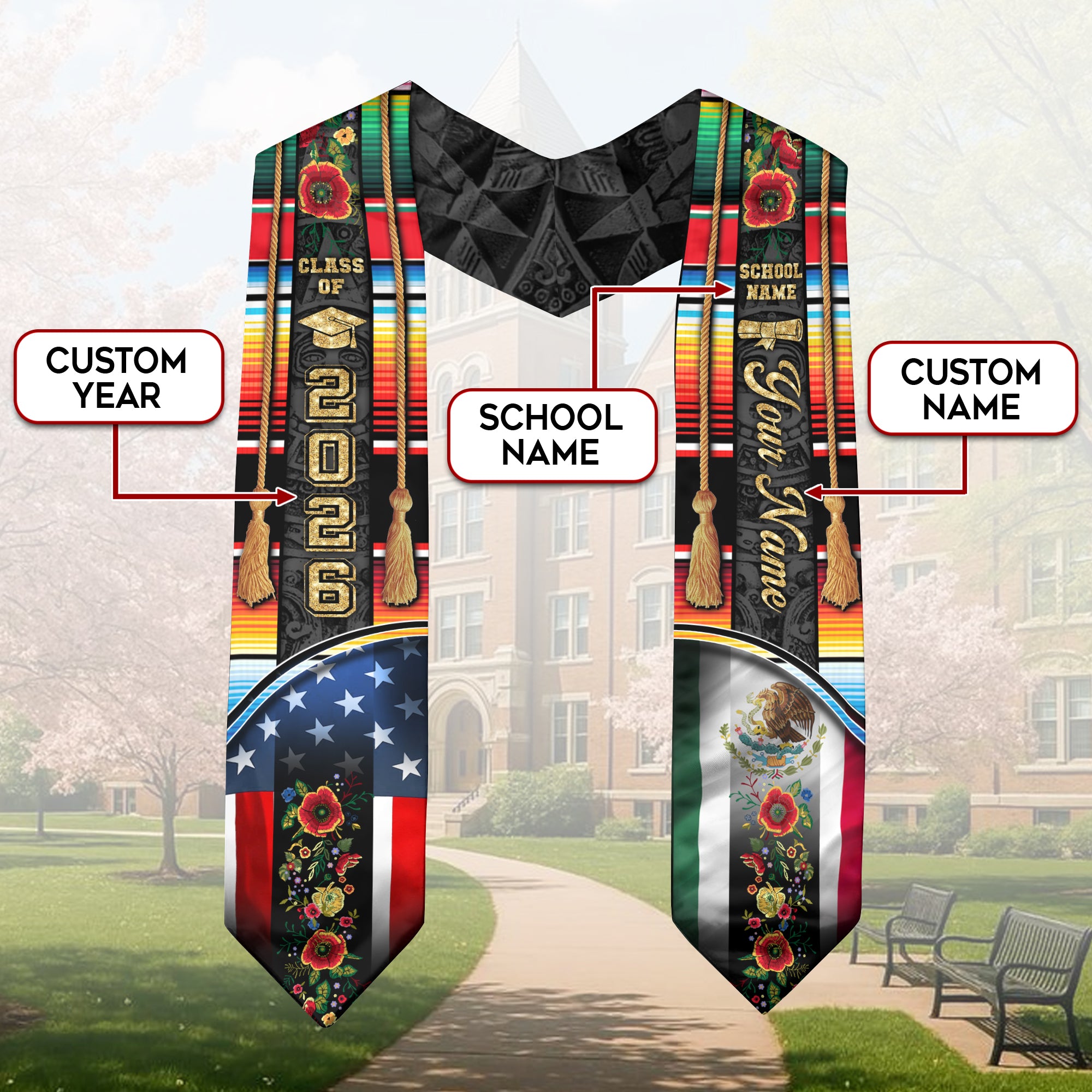 Mexican Stole 2026, Mexico Graduation Stole, Mexican American Flag Sash Custom Option