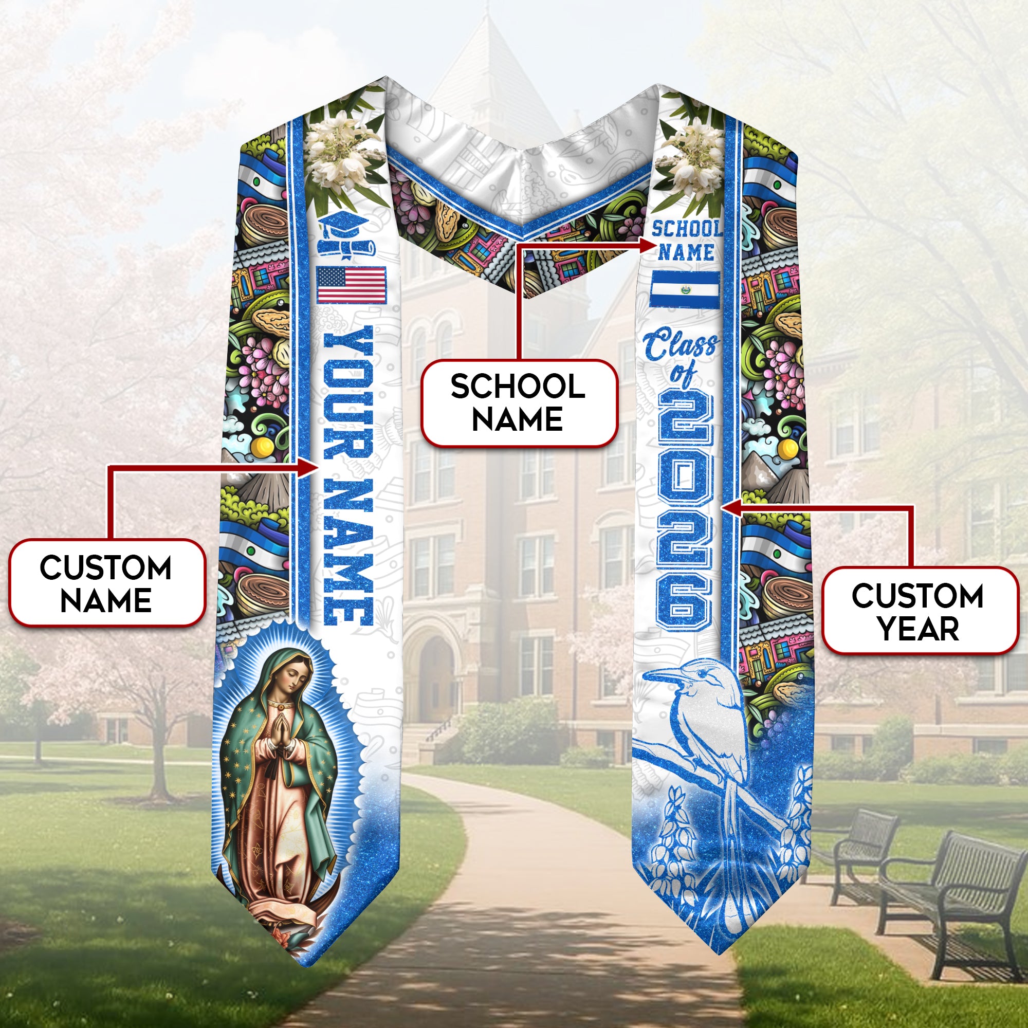 Salvadoran Flag Graduation Stole 2026, El Salvador Graduation Sash, Custom Trim for Grads