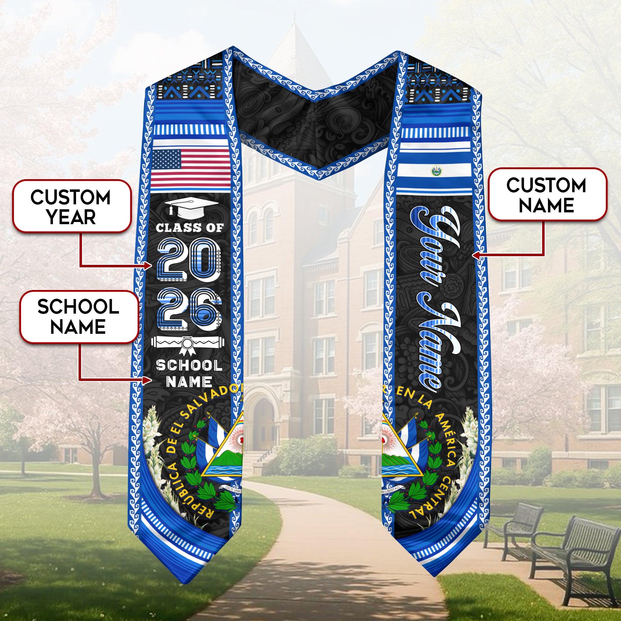 El Salvador Graduation Stole 2026, Salvadoran Flag Sash, Bespoke Touch for Class of 2026