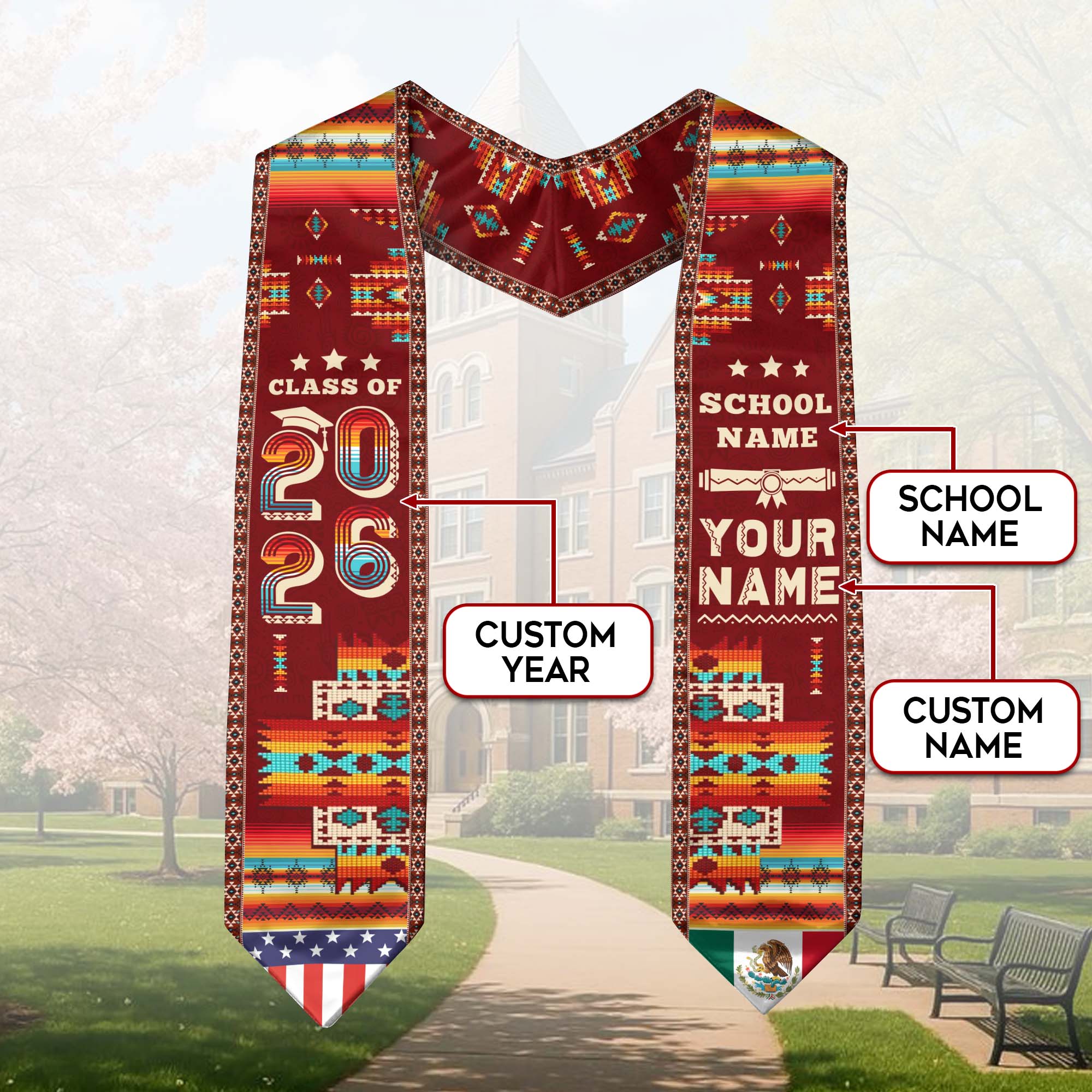 Mexico Graduation Stole 2026, Mexican Flag Sash, Custom Accent for Class of 2026 Grads