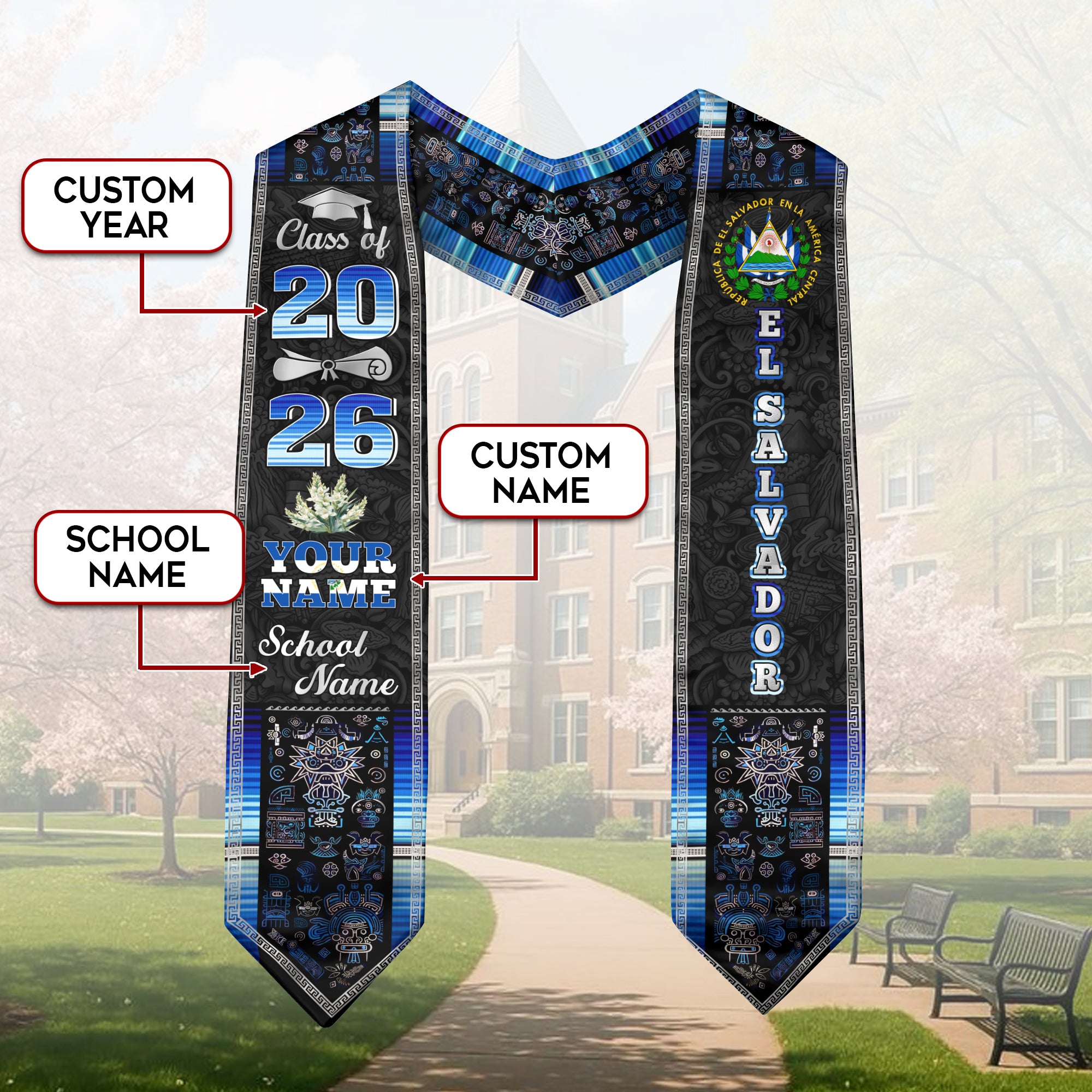 Salvadoran Flag Graduation Sash 2026, El Salvador Graduation Stole, Tailored Detail Grads