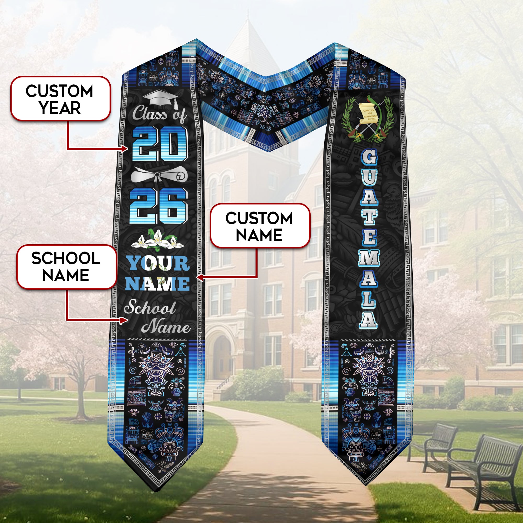 Guatemalan Flag Graduation Sash 2026, Guatemala Graduation Stole, Tailored Detail Grads
