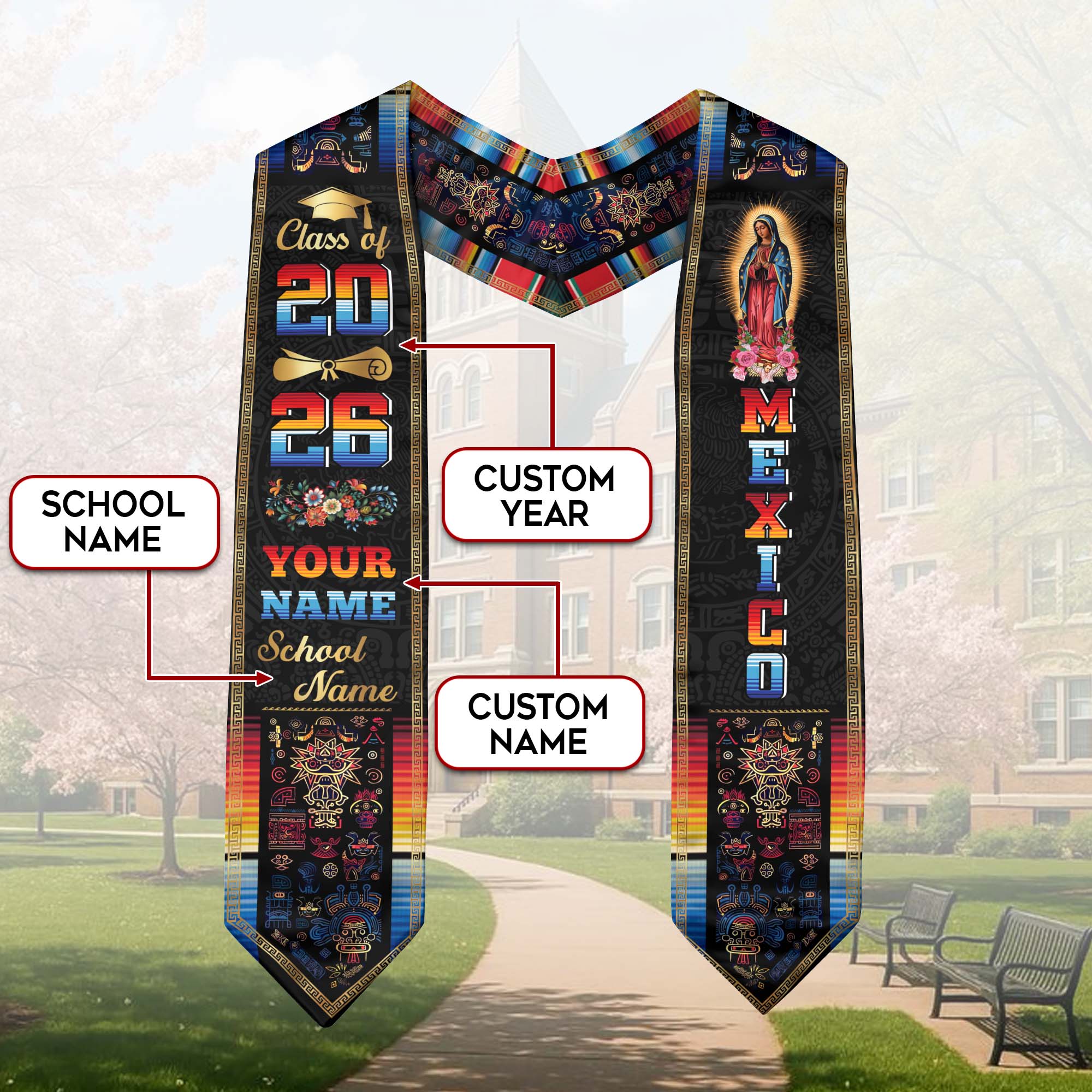 Mexican Flag Graduation Stole 2026, Mexico Grad Sash, Custom Detail Option for Grads