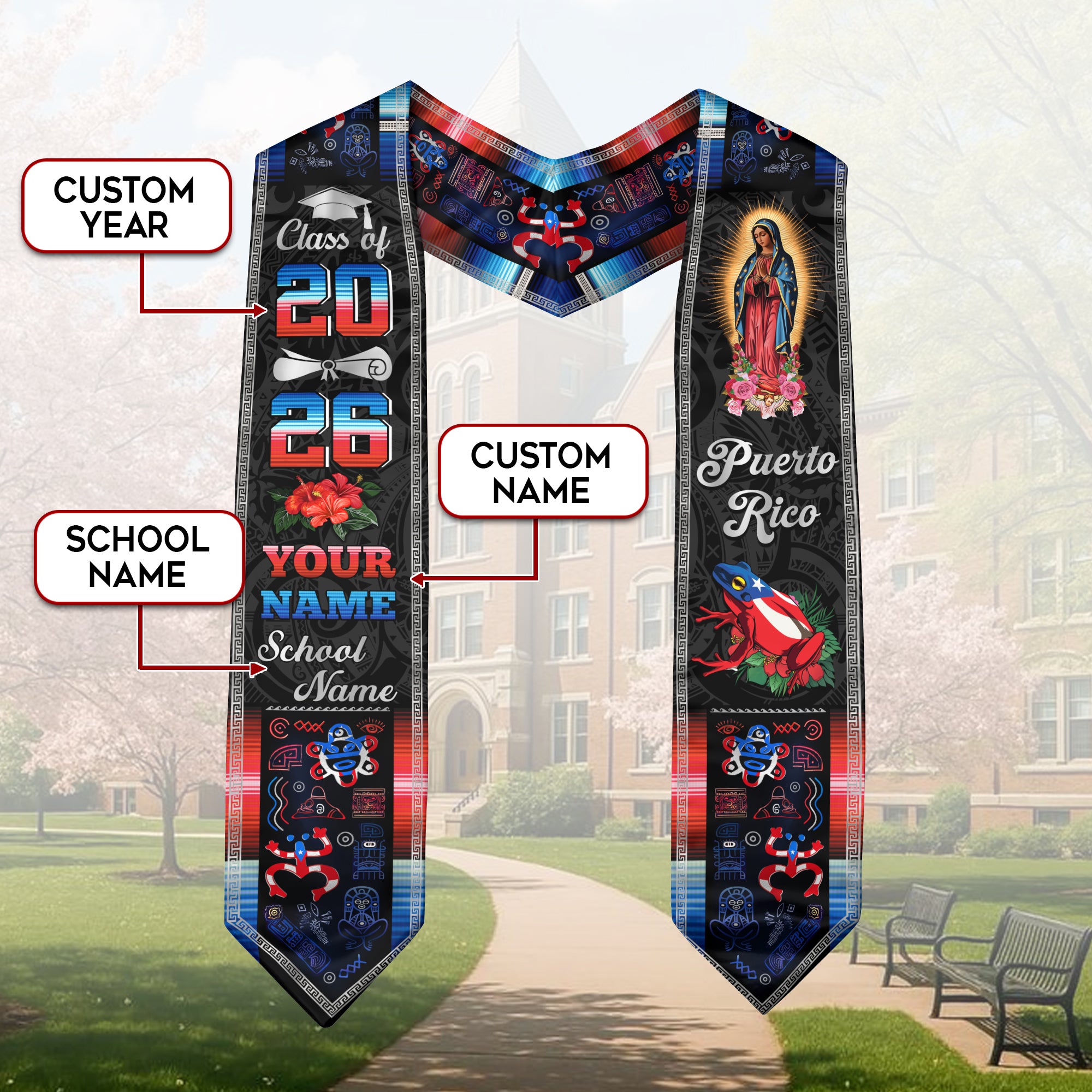 Puerto Rican Flag Graduation Sash 2026, Puerto Rico Graduation Stole, Bespoke Touch