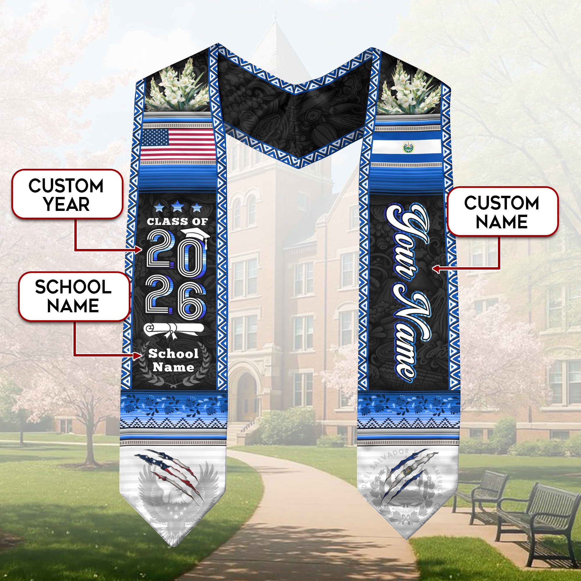El Salvador Flag Graduation Stole 2026, Salvadoran Grad Sash, Signature Finish for 2026