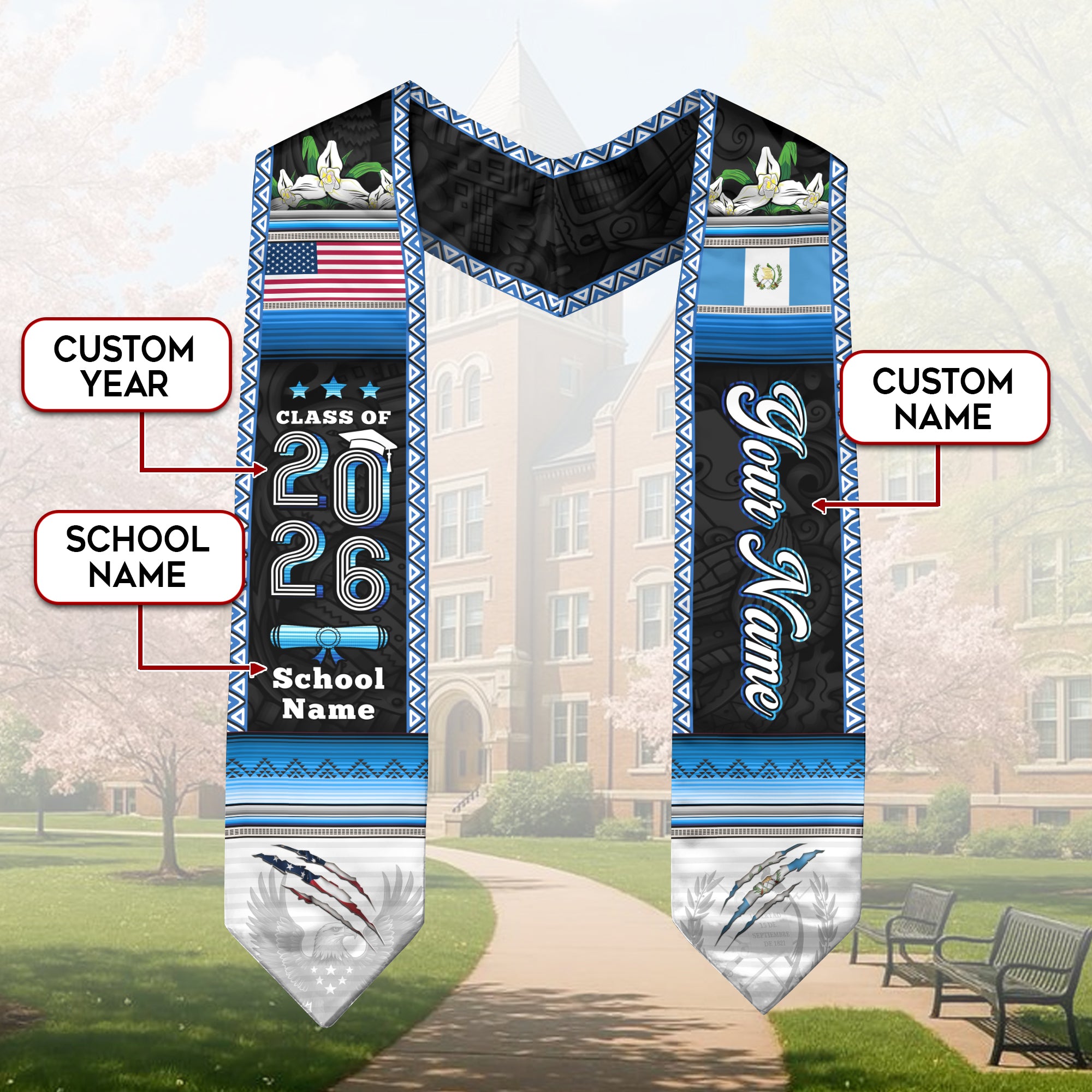 Guatemala Flag Graduation Stole 2026, Guatemalan Grad Sash, Signature Finish for 2026
