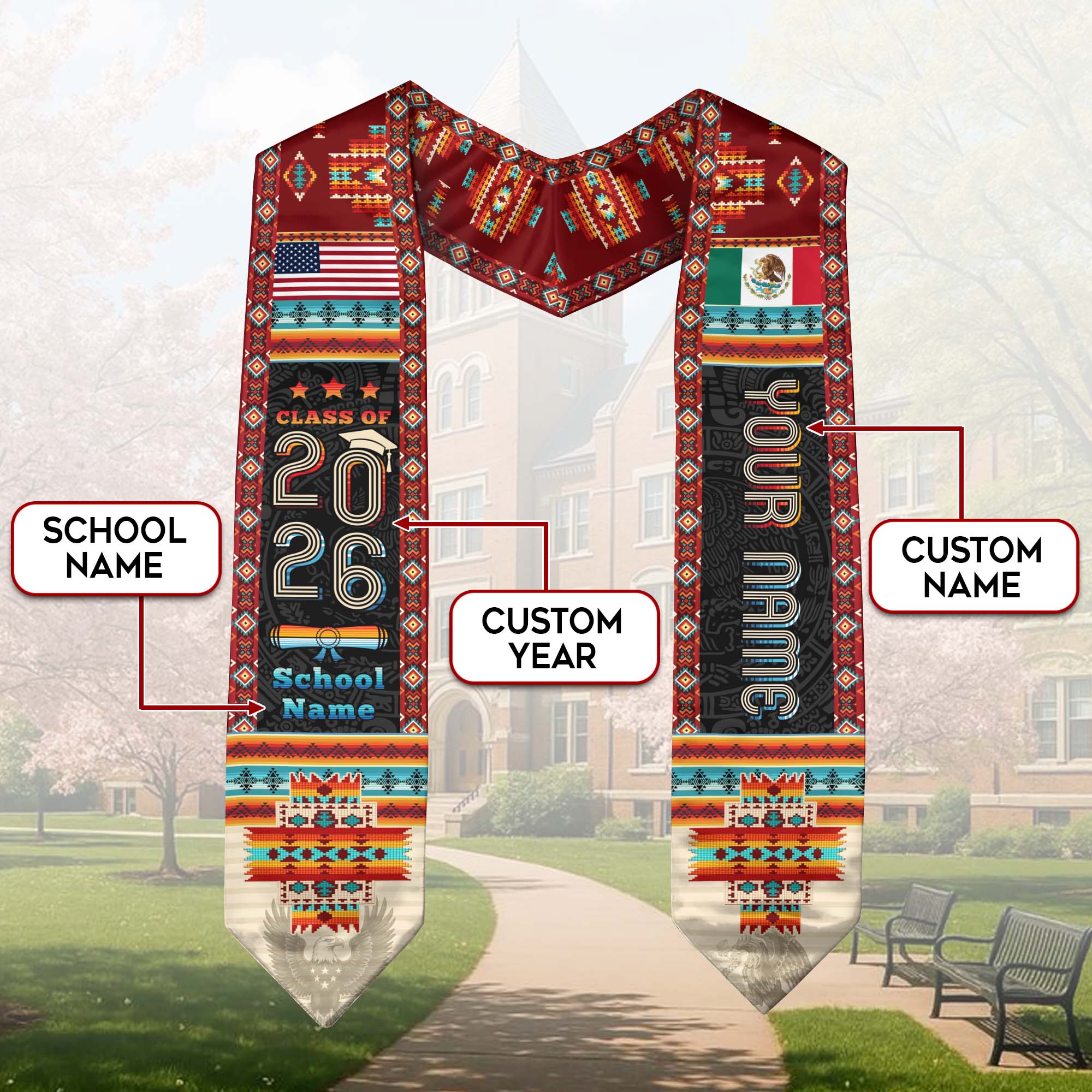 Mexican Graduation Sash 2026, Mexico Graduation Stole, Flag Custom Finish for Graduates