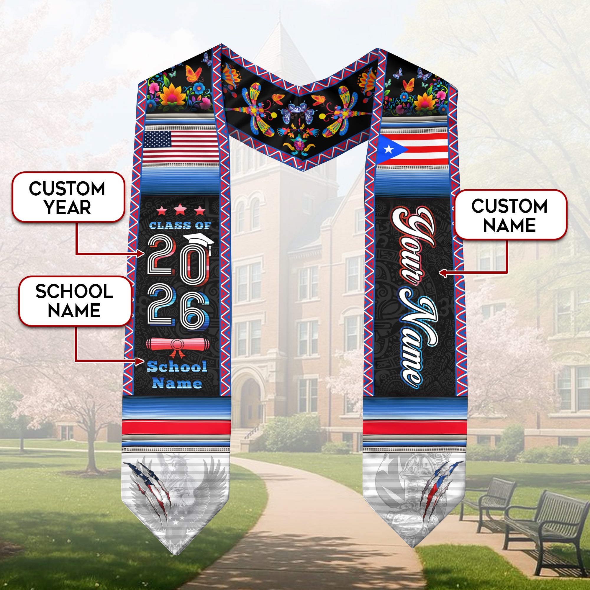 Puerto Rico Flag Graduation Stole 2026, Puerto Rican Grad Sash, Signature Finish 2026