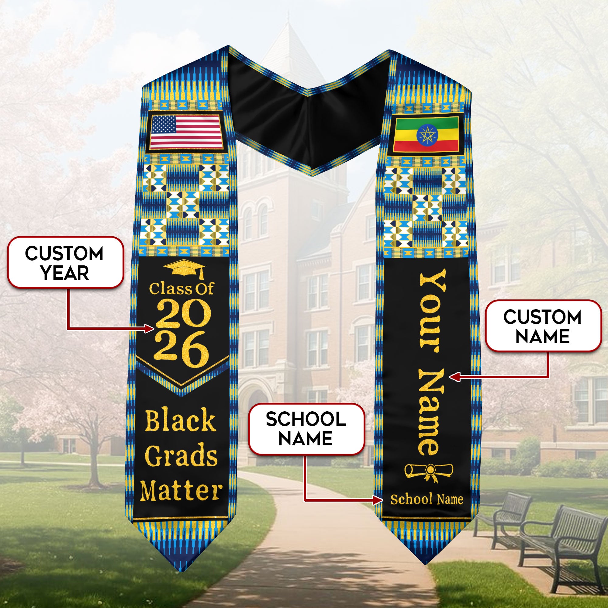 Customized Ethiopia Graduation Stole Featuring Ethiopian Flag Heritage Style, Graduation Sash Class of 2026