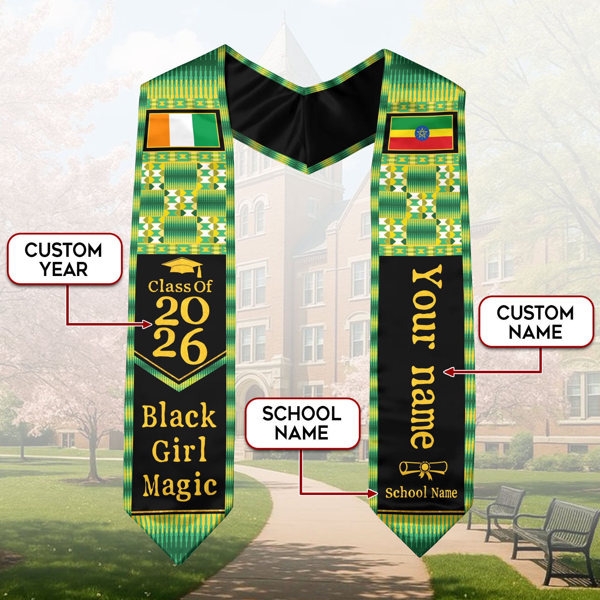 Customized Ethiopian Graduation Stole with National Flag Inspired Design, Graduation Sash for 2026