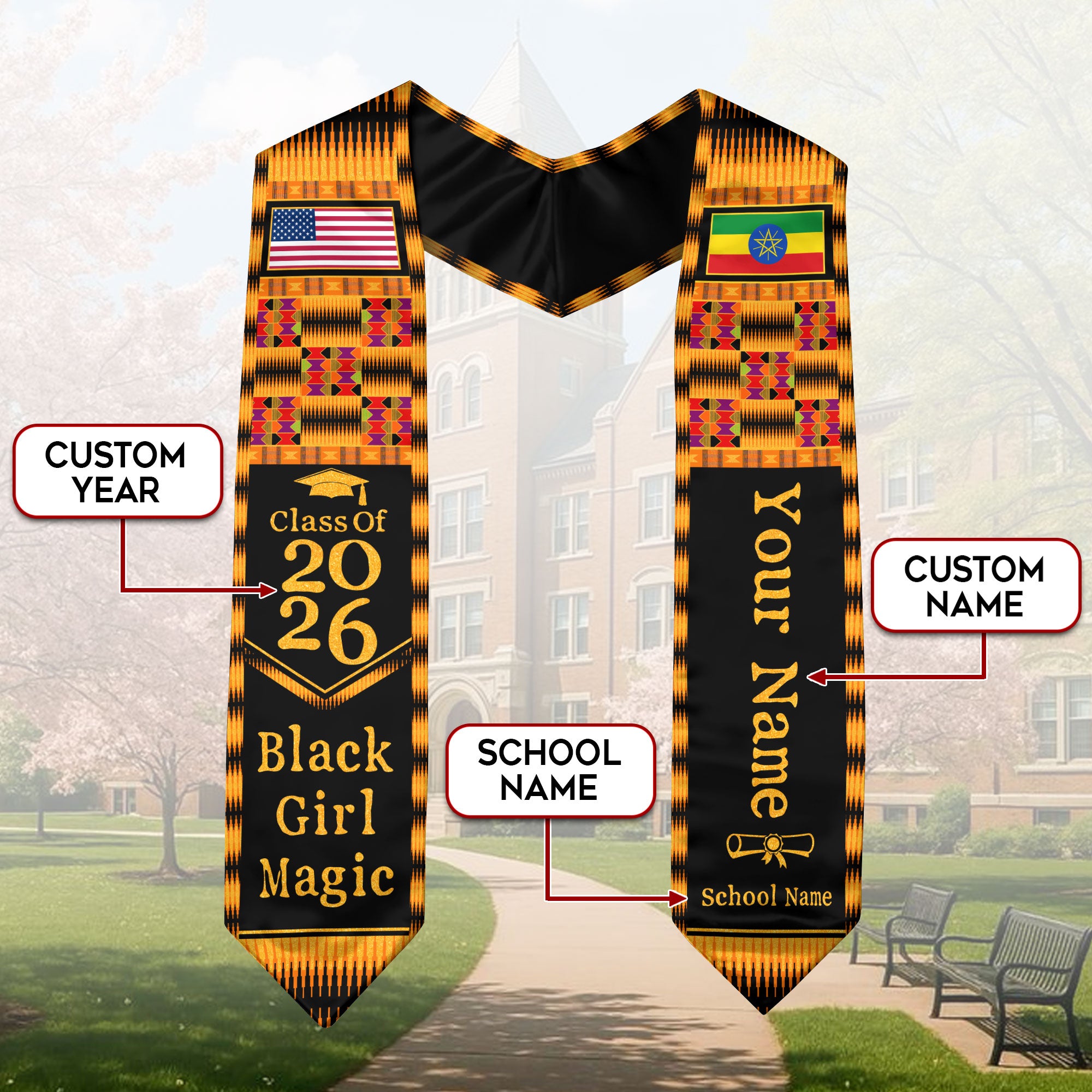 Customized Graduation Stole Ethiopia Showcasing Cultural Flag Pride Pattern, Graduation Sash Class of 2026