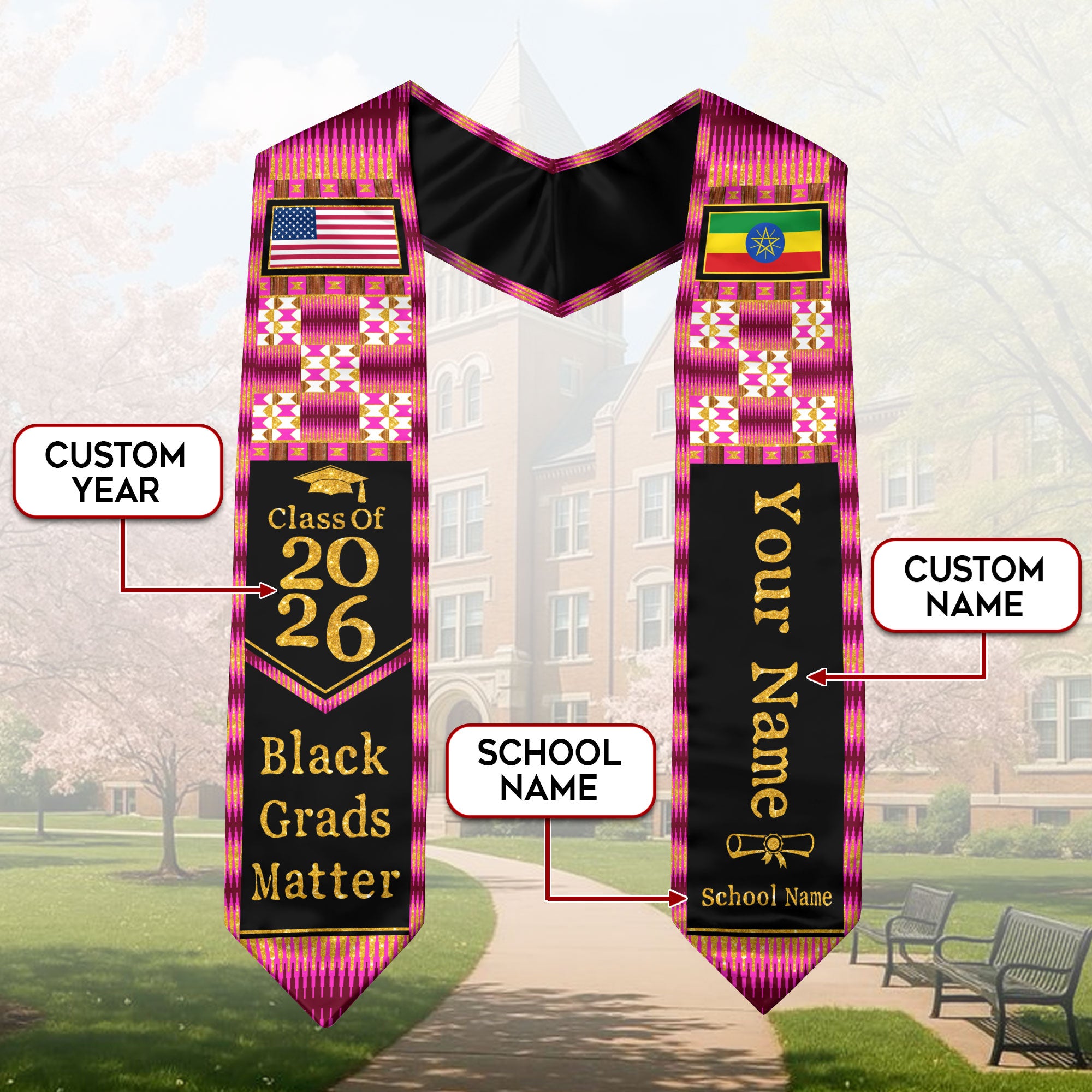 Customized Ethiopia Graduation Stole Highlighting Traditional Flag Motif, Graduation Sash for Class of 2026