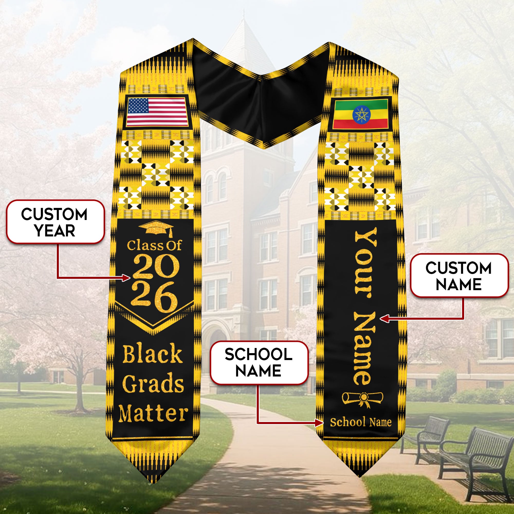 Customized Ethiopia Graduation Stole Featuring Heritage Flag Design, Graduation Sash for 2026