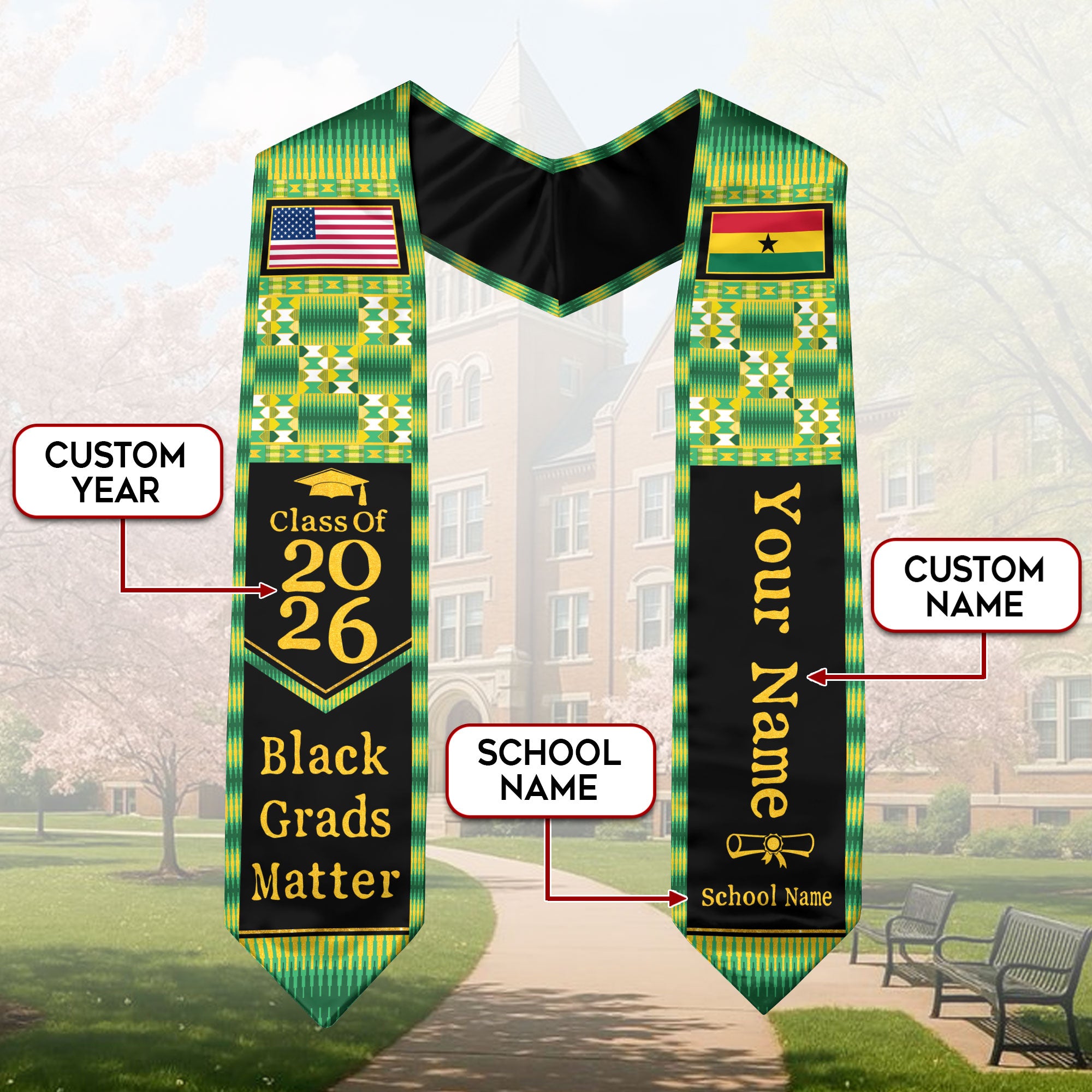 Customized Graduation Stole Ghana with National Flag Inspired Style, Graduation Sash for Class of 2026