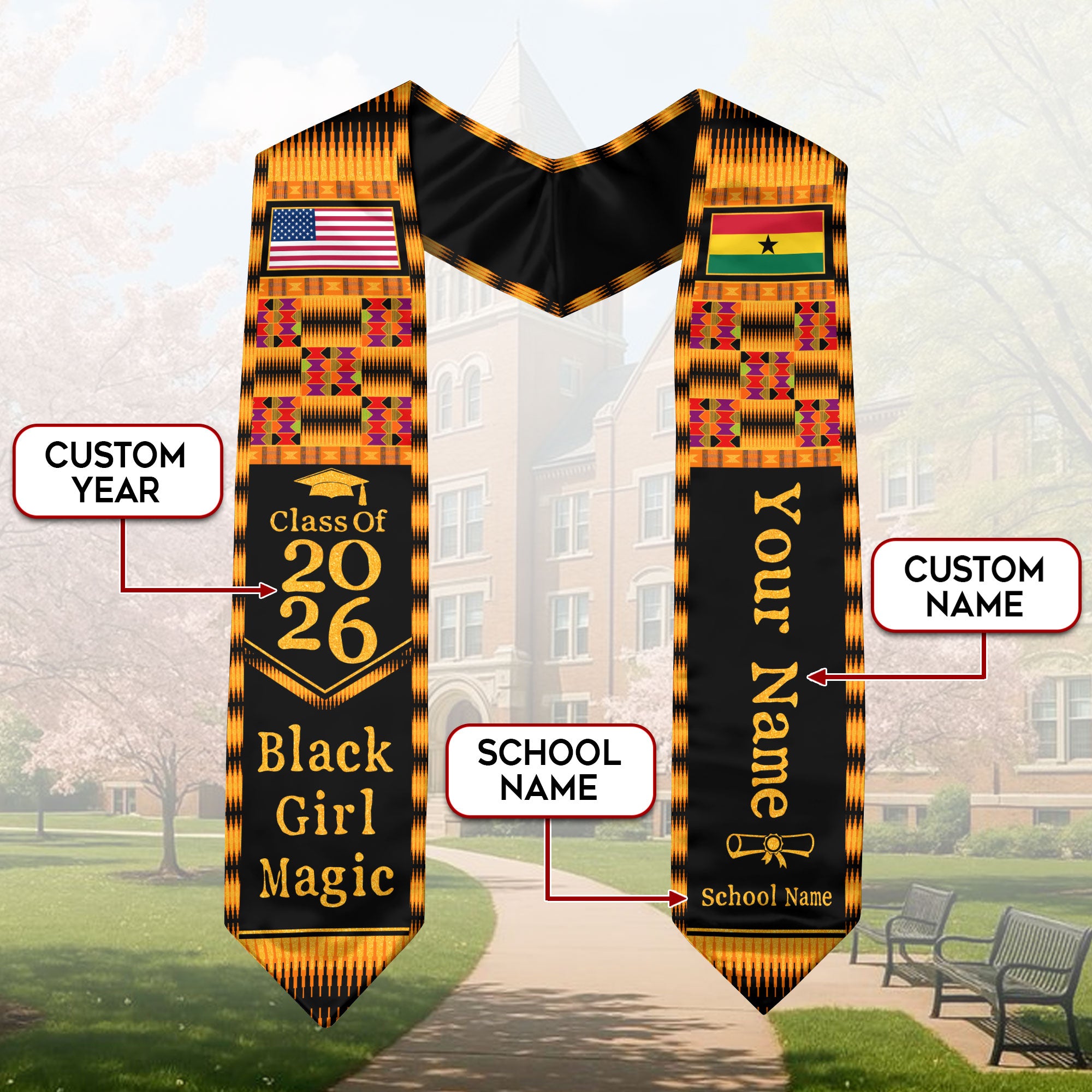 Customized Ghana Graduation Stole Showcasing Cultural Flag Pride Pattern, Graduation Sash 2026