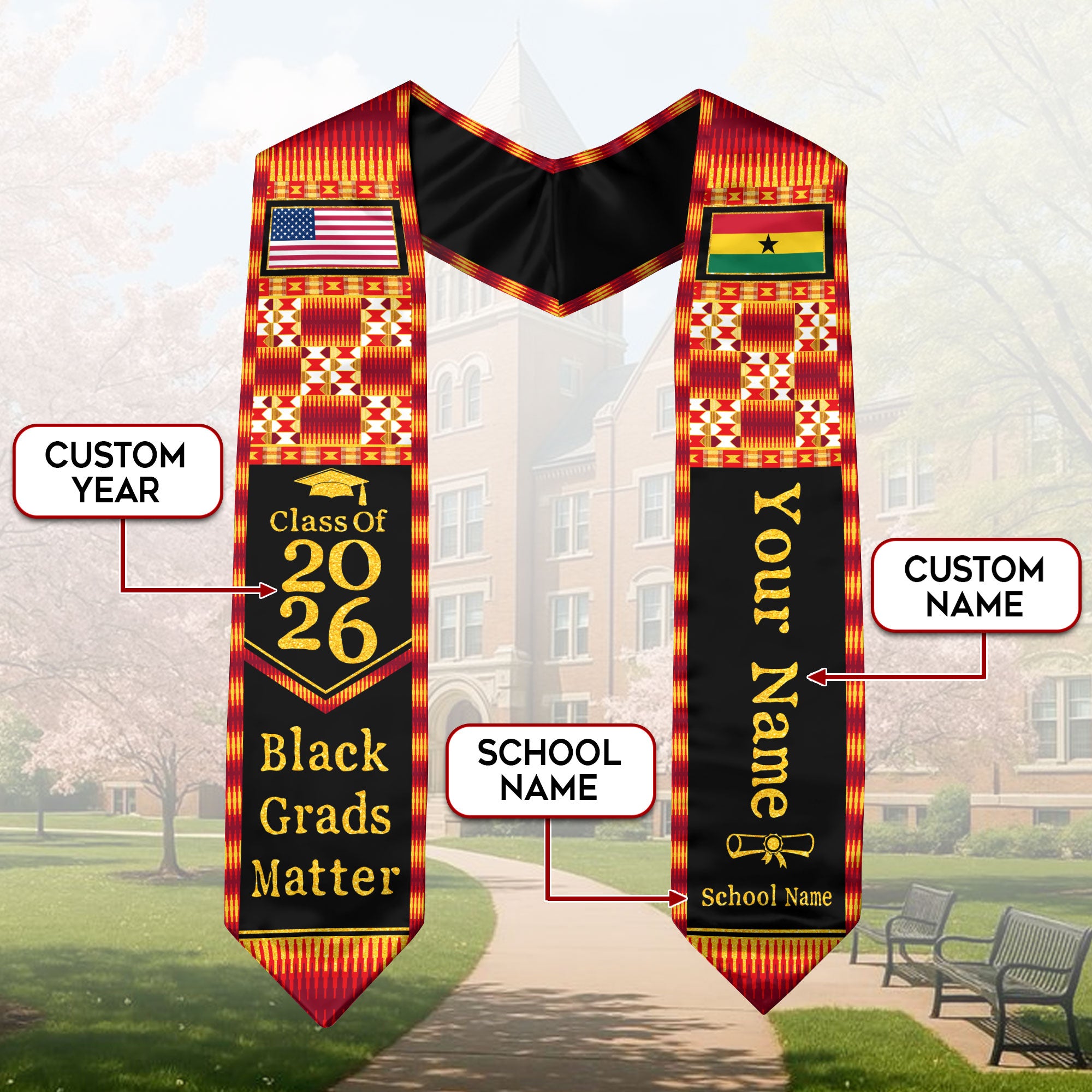 Customized Ghana Graduation Stole Highlighting Flag Identity Design, Graduation Sash Class of 2026
