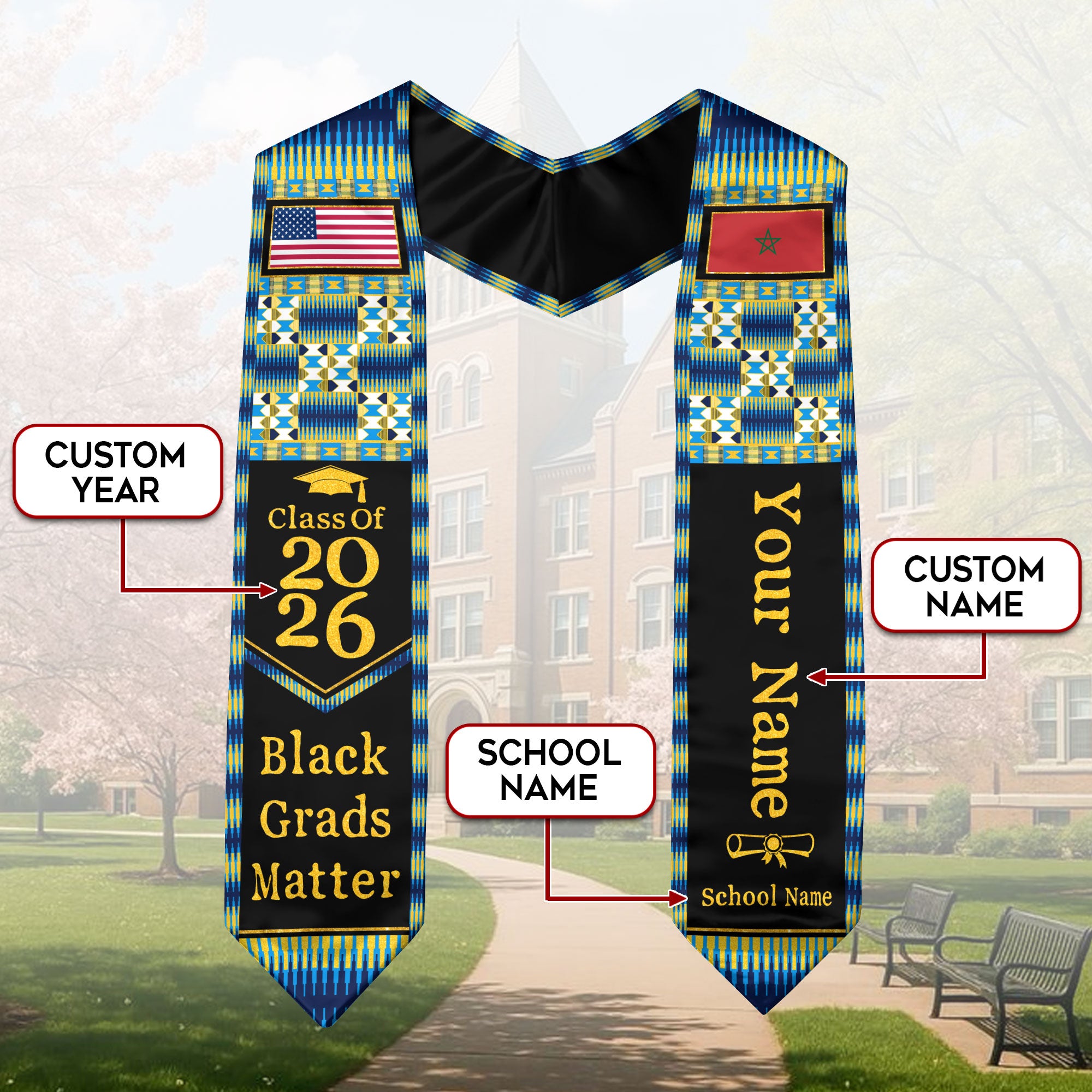 Customized Morocco Graduation Stole with Moroccan Flag Heritage Pattern, Graduation Sash Class of 2026