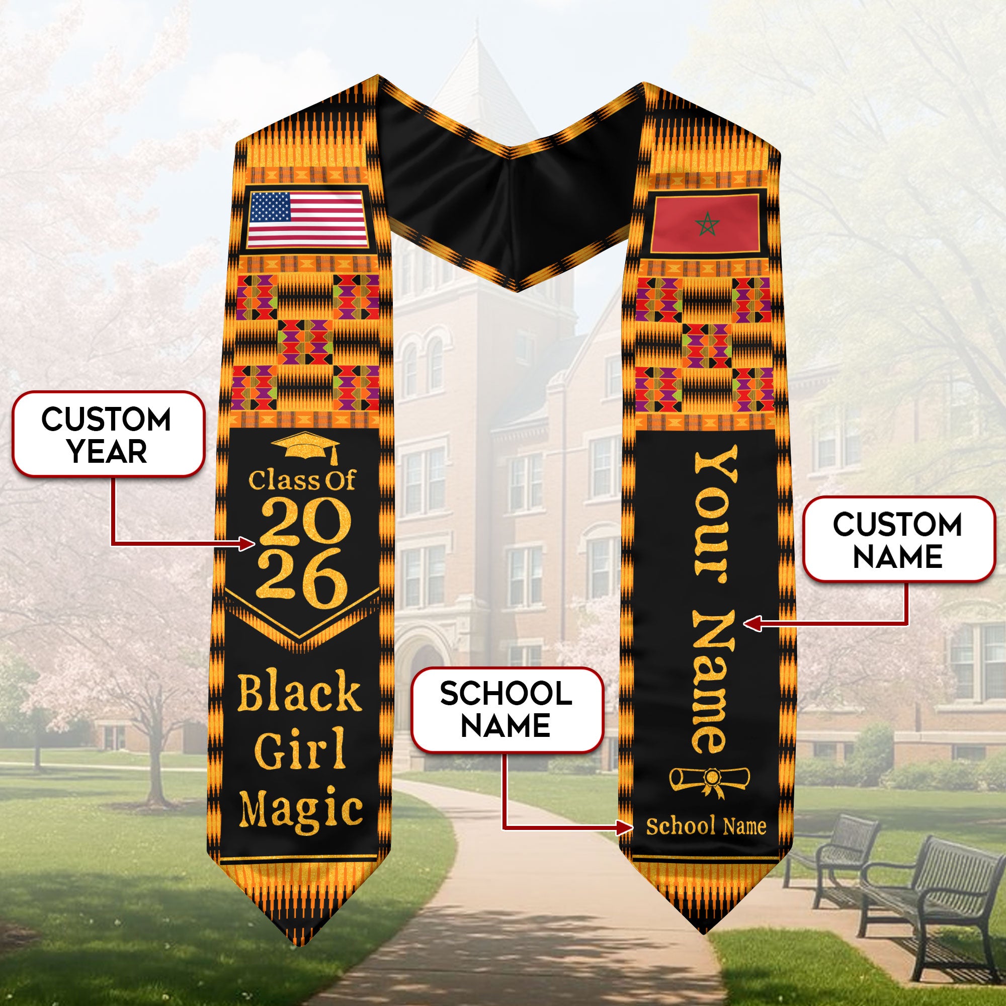Customized Graduation Stole Morocco Showcasing Cultural Flag Design, Graduation Sash Class of 2026