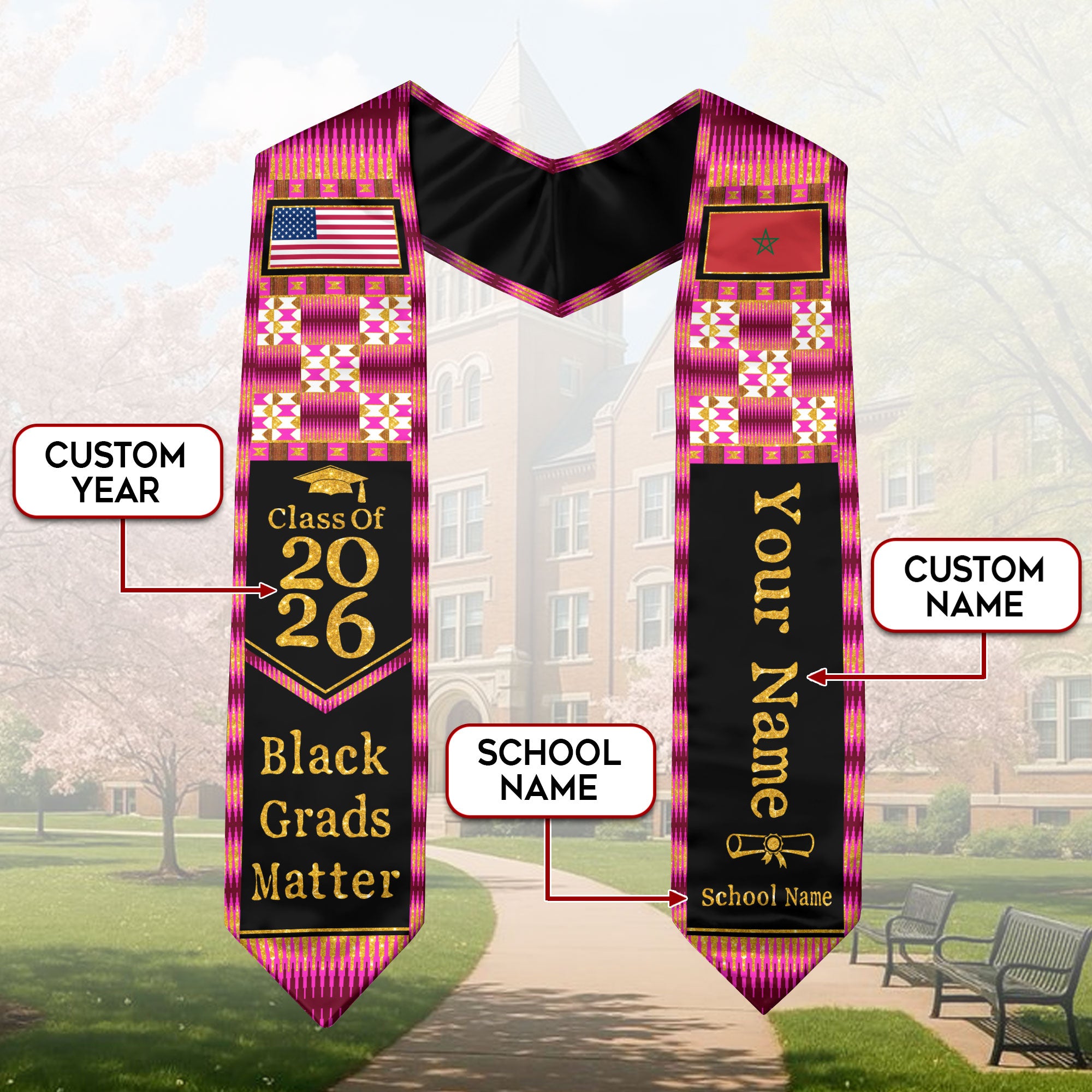Customized Morocco Graduation Stole Highlighting Traditional Flag Motif, Graduation Sash for Class of 2026