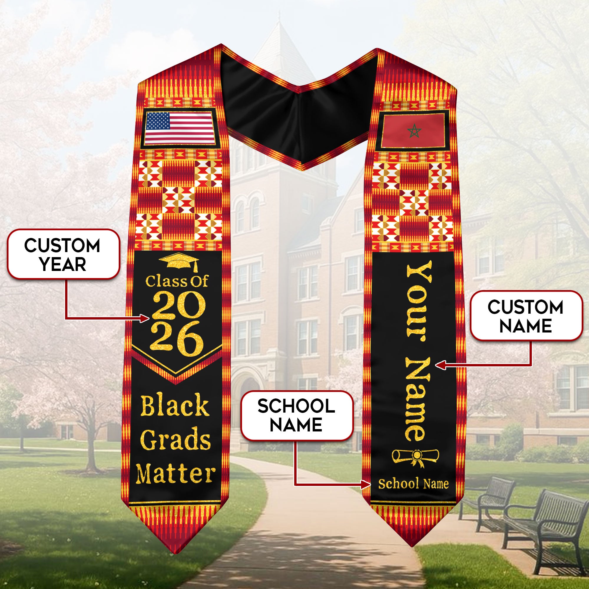Customized Moroccan Graduation Sash with Flag Pride Theme, Ceremony Stole Class of 2026