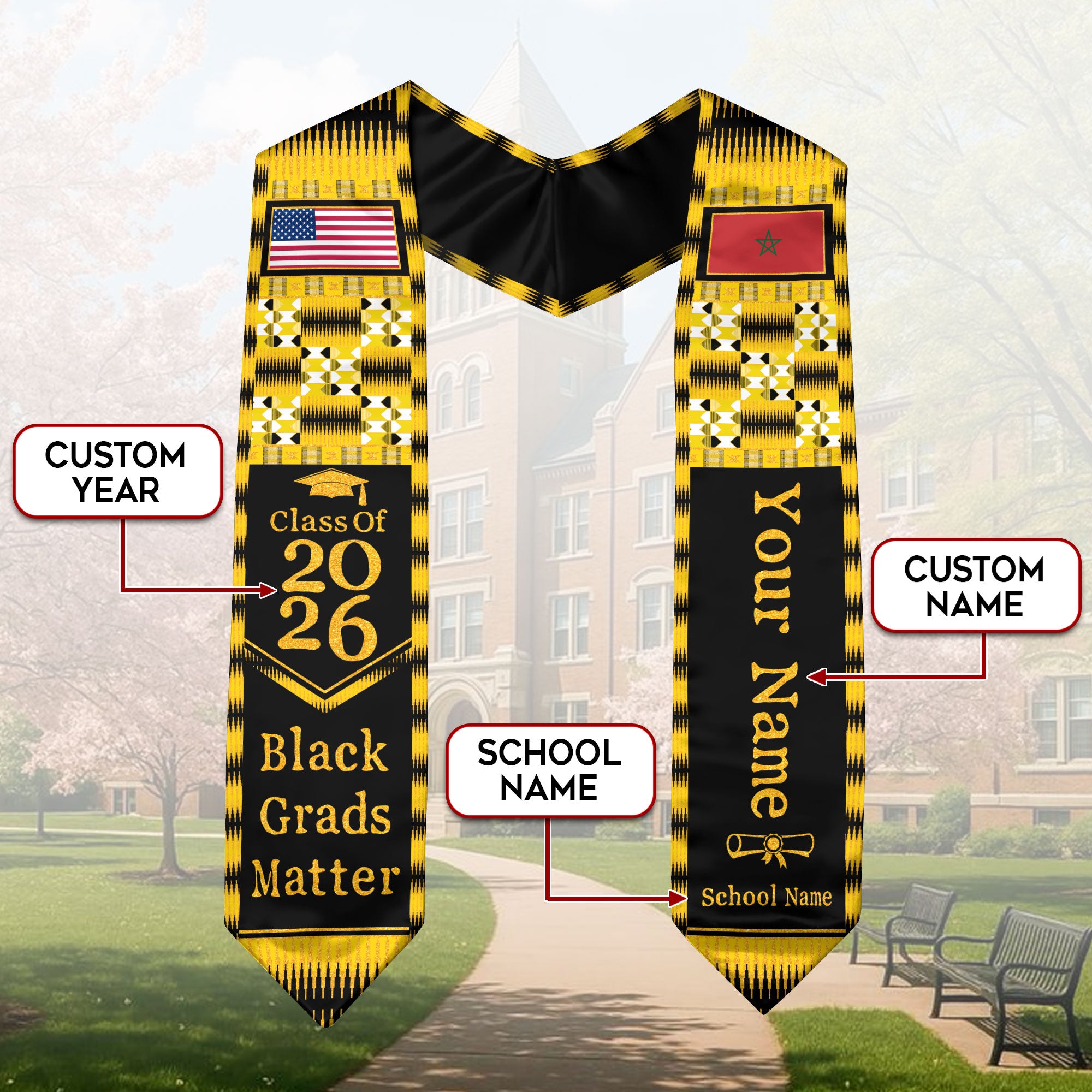 Customized Morocco Graduation Stole Featuring Heritage Flag Identity, Graduation Sash for 2026