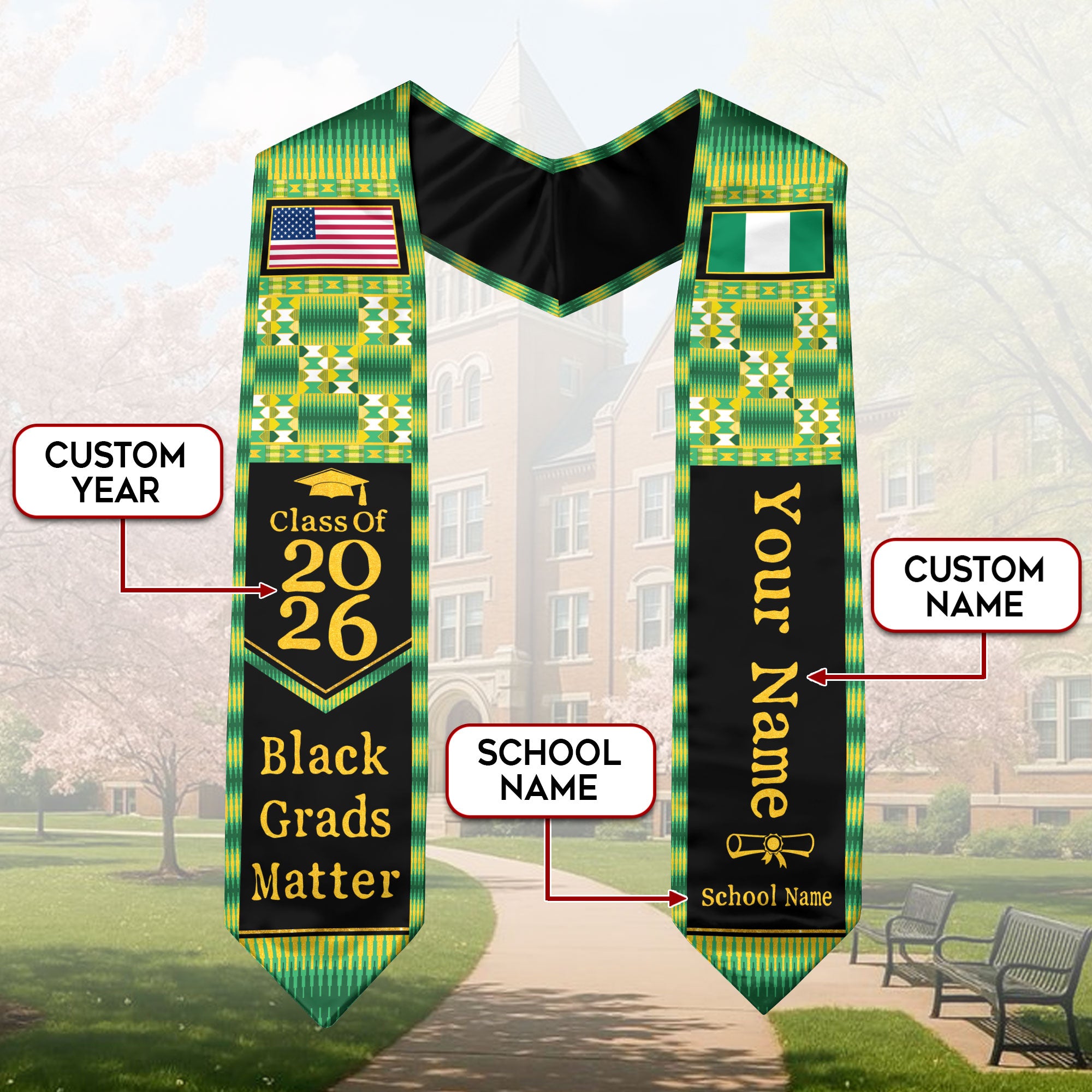 Customized Nigerian Graduation Stole with National Flag Inspired Design, Graduation Sash Class of 2026
