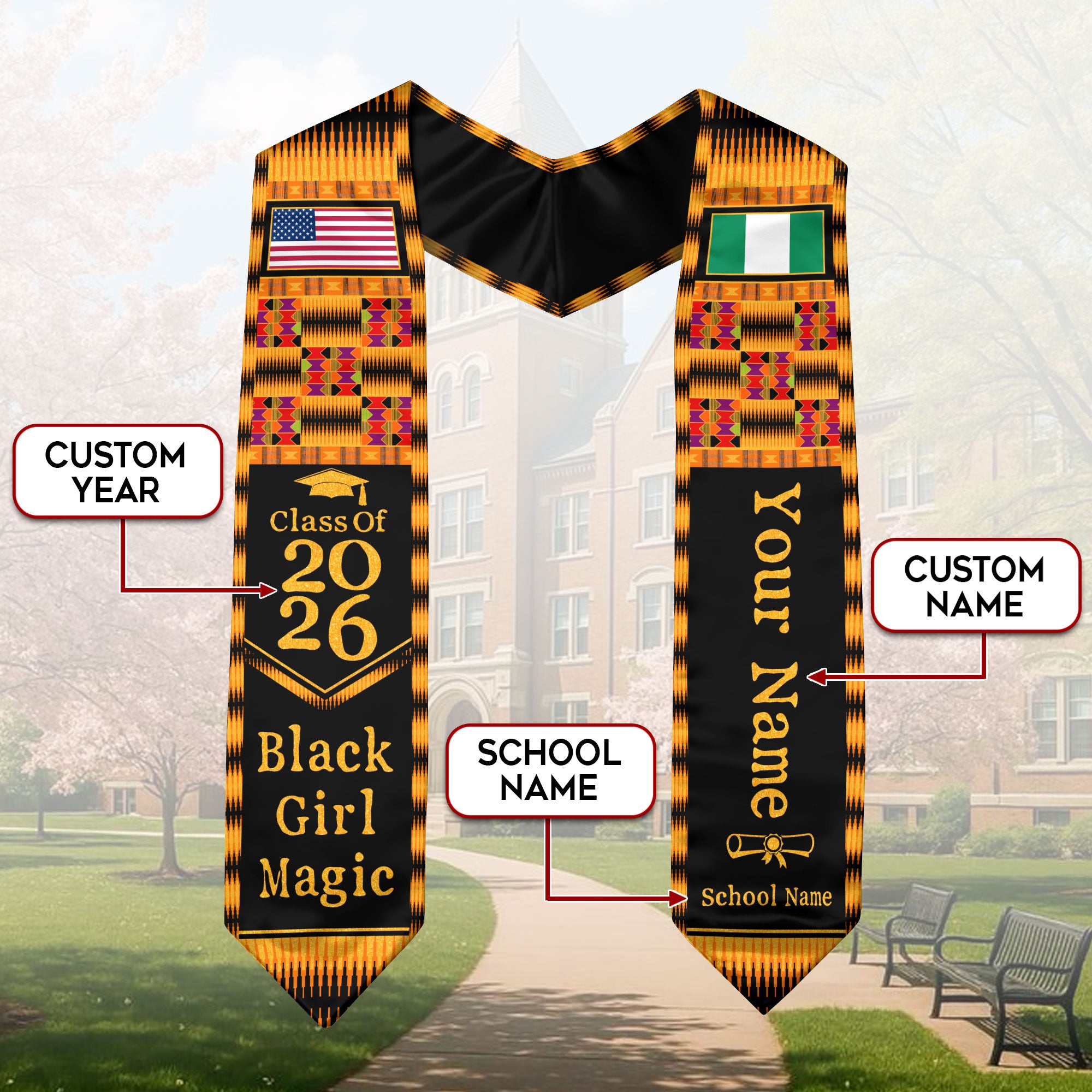 Customized Graduation Stole Nigeria Highlighting Cultural Flag Pride, Graduation Sash for Class of 2026