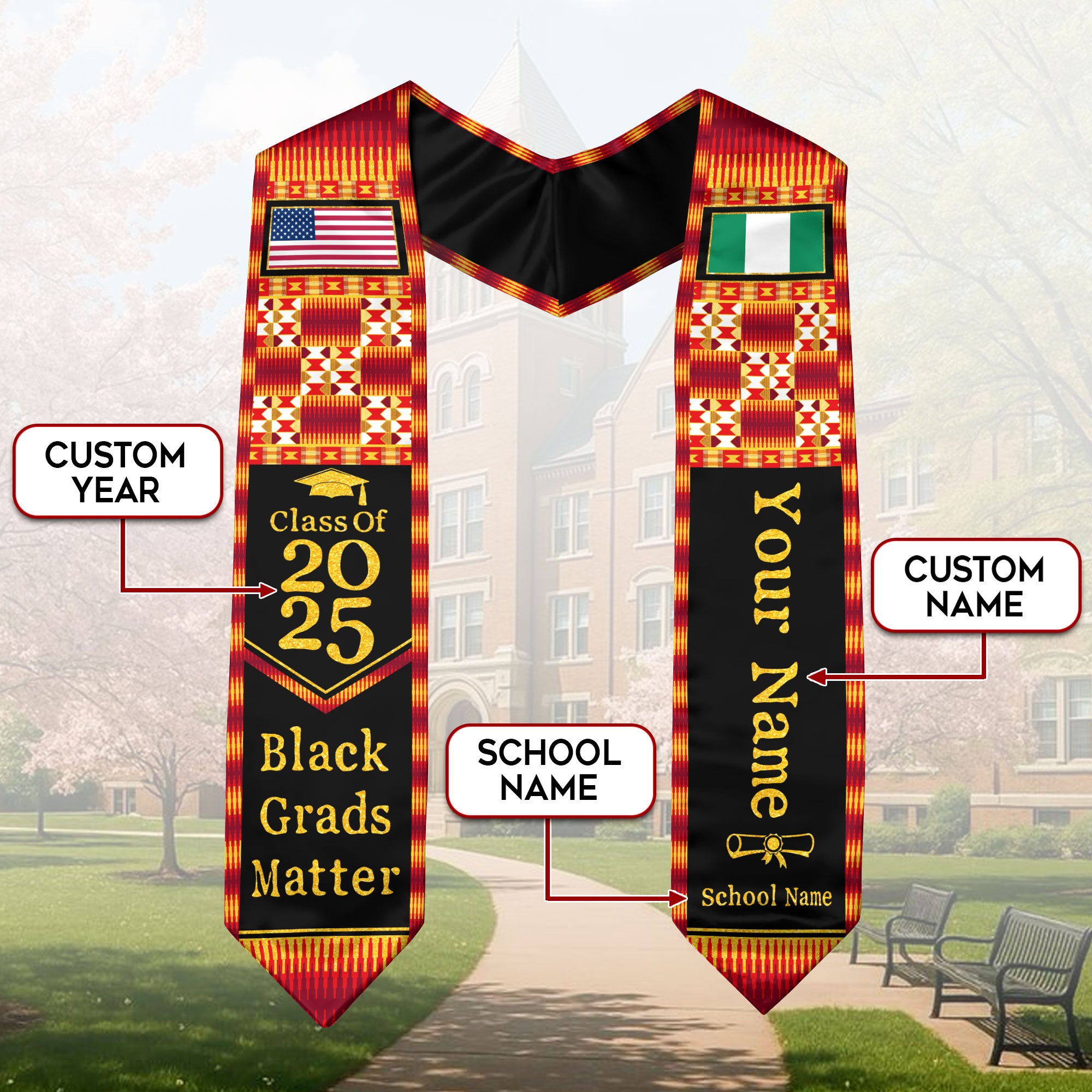 Customized Nigerian Graduation Sash with Heritage Flag Motif, Ceremony Stole Class of 2026