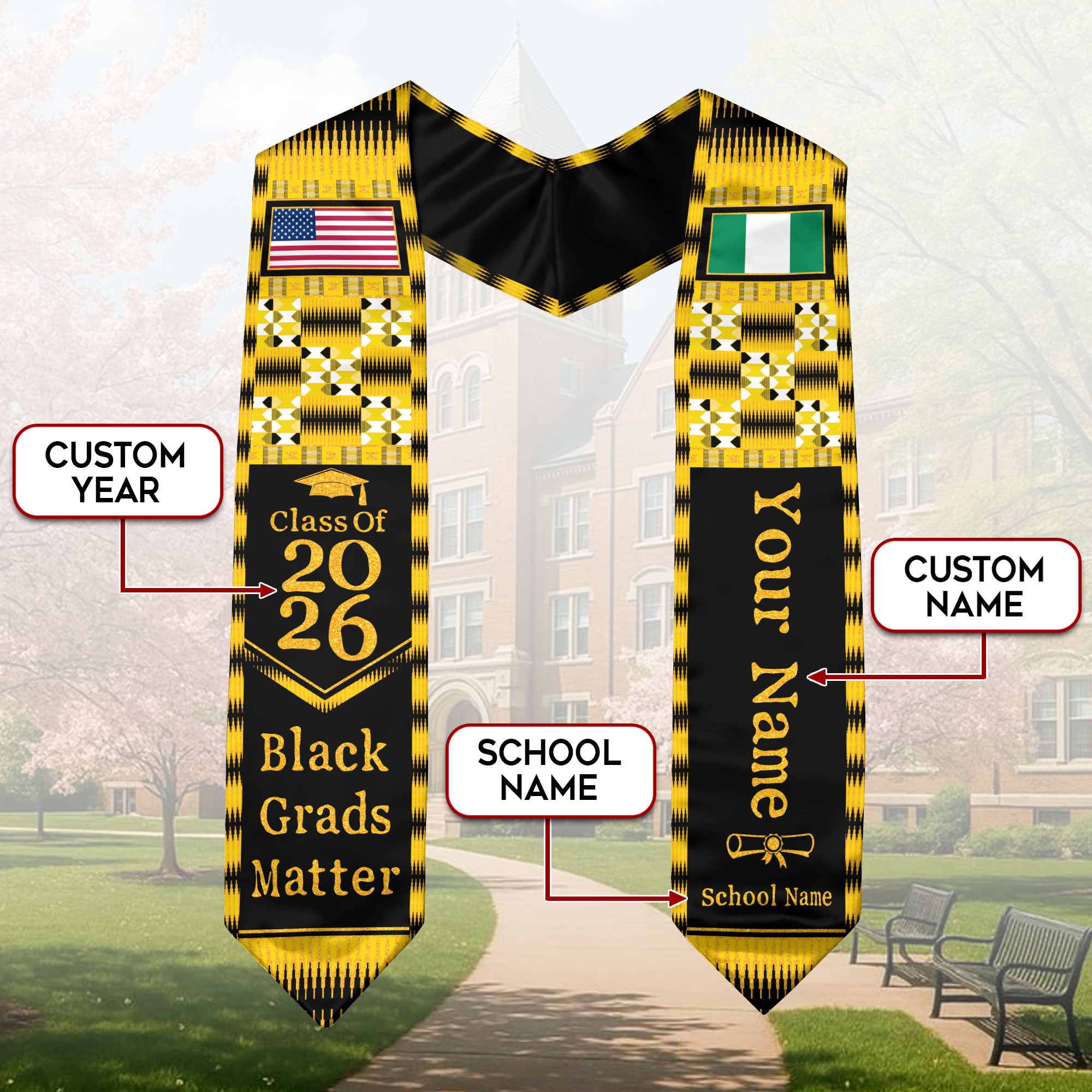 Customized Nigeria Graduation Stole Featuring Flag Identity Design, Graduation Sash for Class of 2026